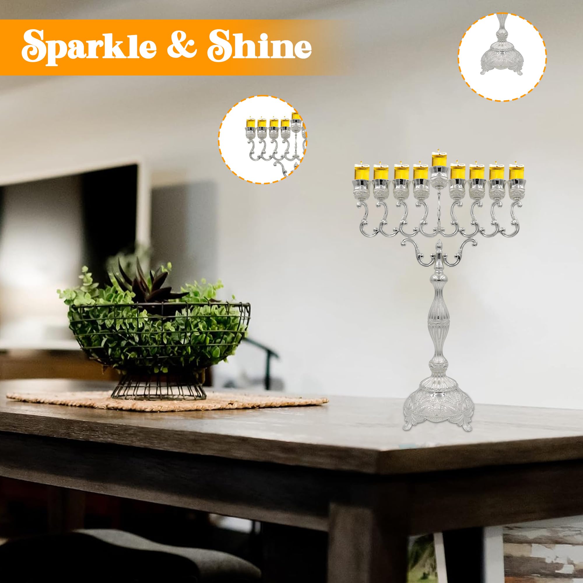 Majestic Silver-Plated Hanukkah Menorah with Filigree Design (MN-HA240) | 27