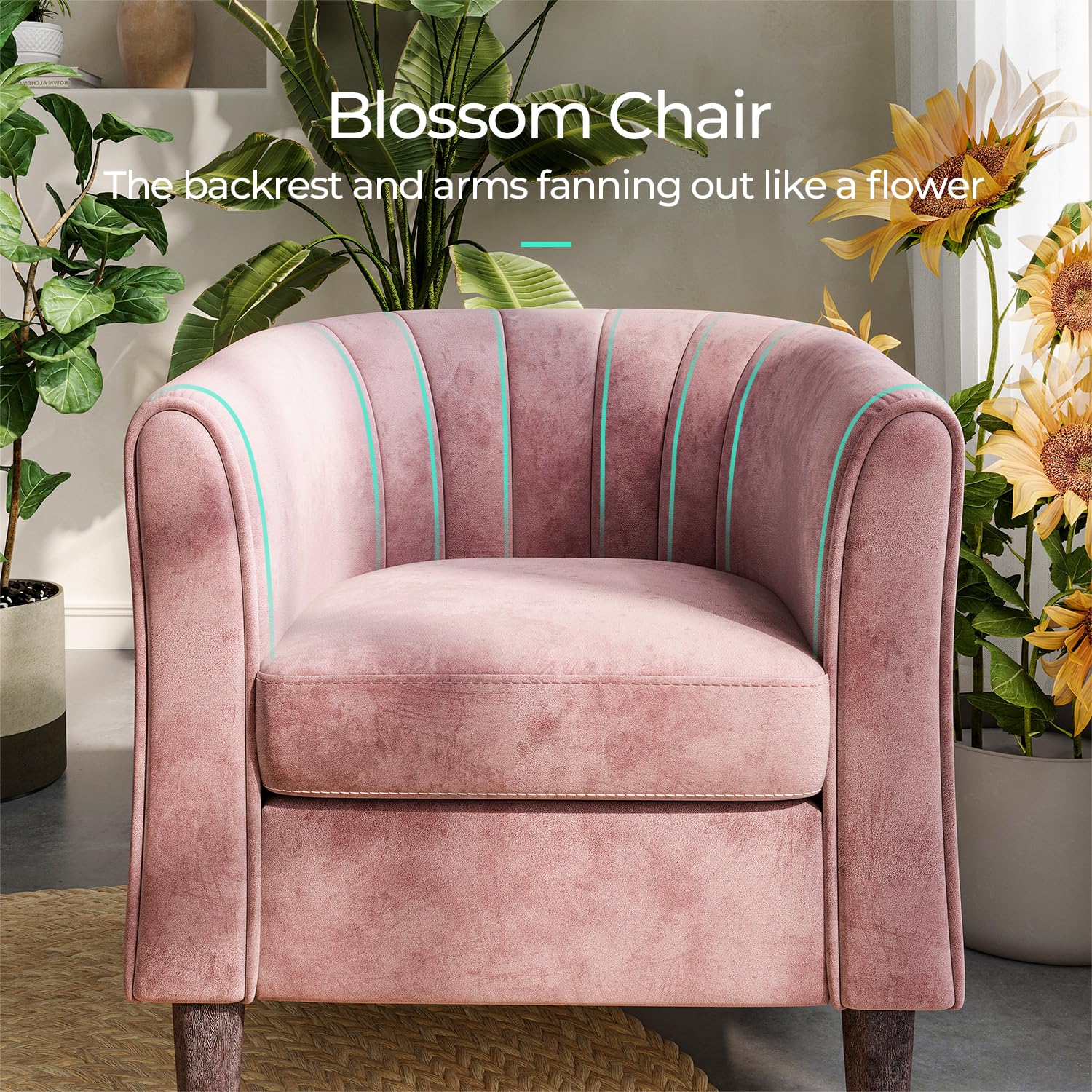 LINSY Modern Velvet Accent Chair with Ottoman - Pink Barrel Armchair for Living Room, Bedroom & Reading Nook - Comfortable Lounge Chair with Footrest for Relaxing & Reading