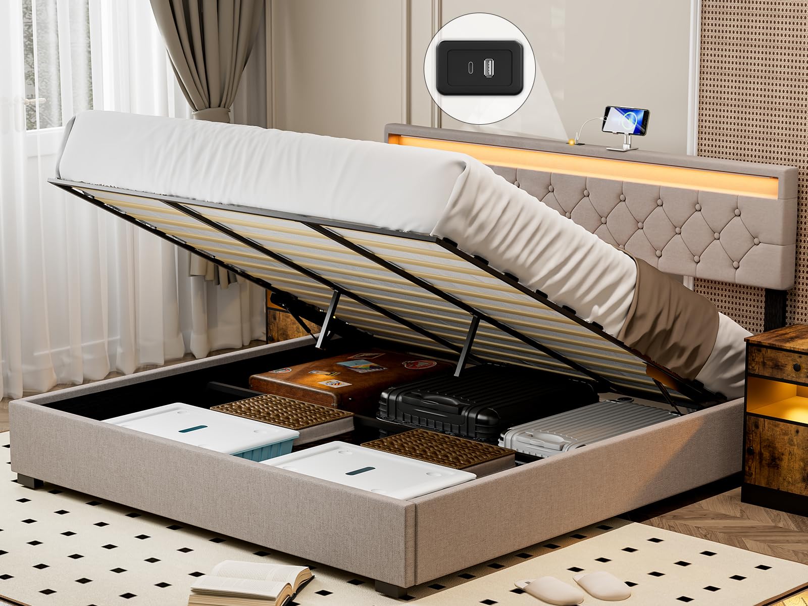 King Size Lift Up Storage Bed Frame with USB Ports & LED Headboard - Upholstered Platform Bed, Adjustable Height, Solid Wood Slats, No Box Spring Needed, Noise Free (Light Brown) | Perfect for Modern Bedrooms, Guest Rooms & Small Spaces