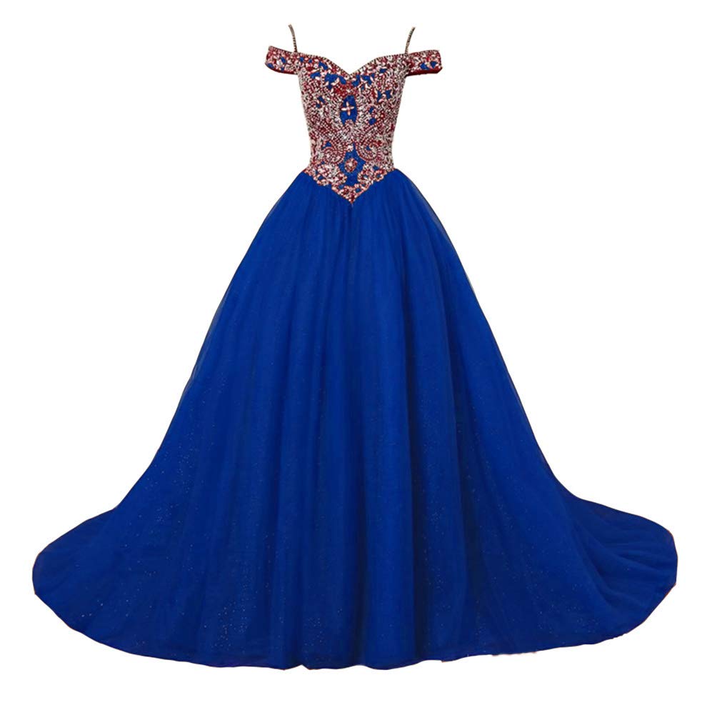 Emanni Women's Royal Blue Puffy Crystal Quinceañera Dress - Off Shoulder Ball Gown for Sweet 16, Prom, Homecoming & Formal Events