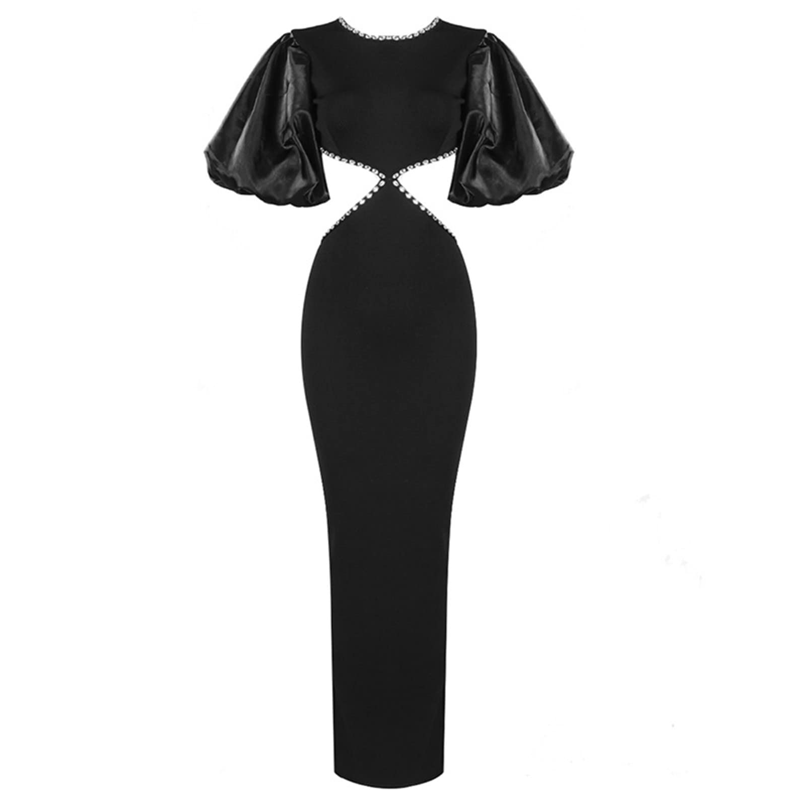 Elegant Black Open Back Evening Dress for Women - Hollow Inlaid Diamonds, High Waist Round Neck Long Skirt with Zipper - Perfect for Prom, Gala, Wedding & Formal Events
