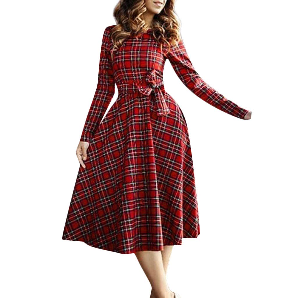 Vintage 1950s Women's Cocktail Dress - Long Sleeve Swing Plaid Shirt Dress for Evening Party, Holiday, Wedding & Retro Events | Classic Crewneck A-Line Dress for Women