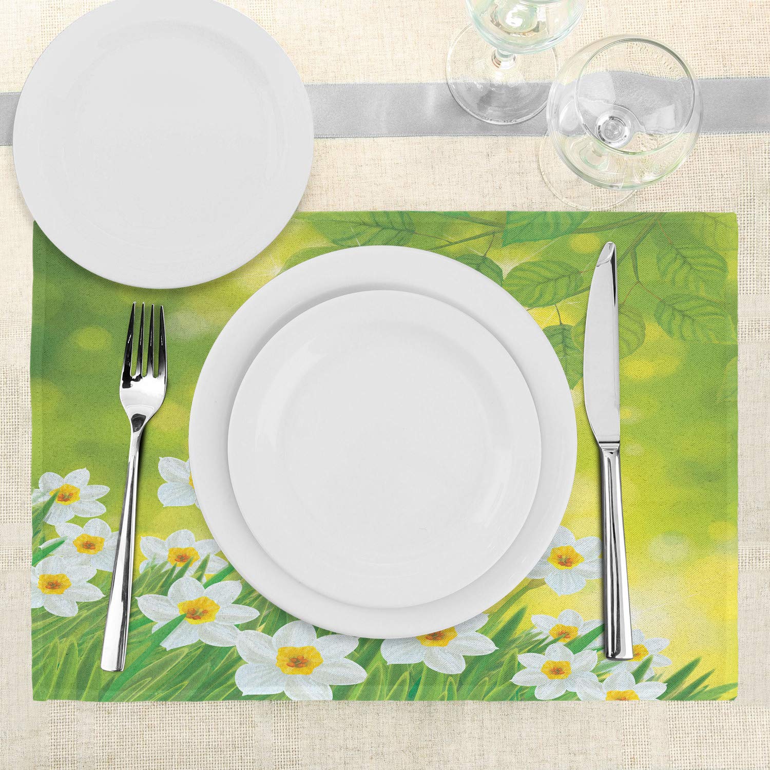 Ambesonne 4-Piece Daffodil Placemats Set - Vibrant Spring Floral Design with Tree Branch Leaves, Washable Fabric Table Mats for Dining Room Decor (Pale Green/Yellow) | Perfect for Easter Brunch, Spring Tablescapes & Seasonal Home Decor