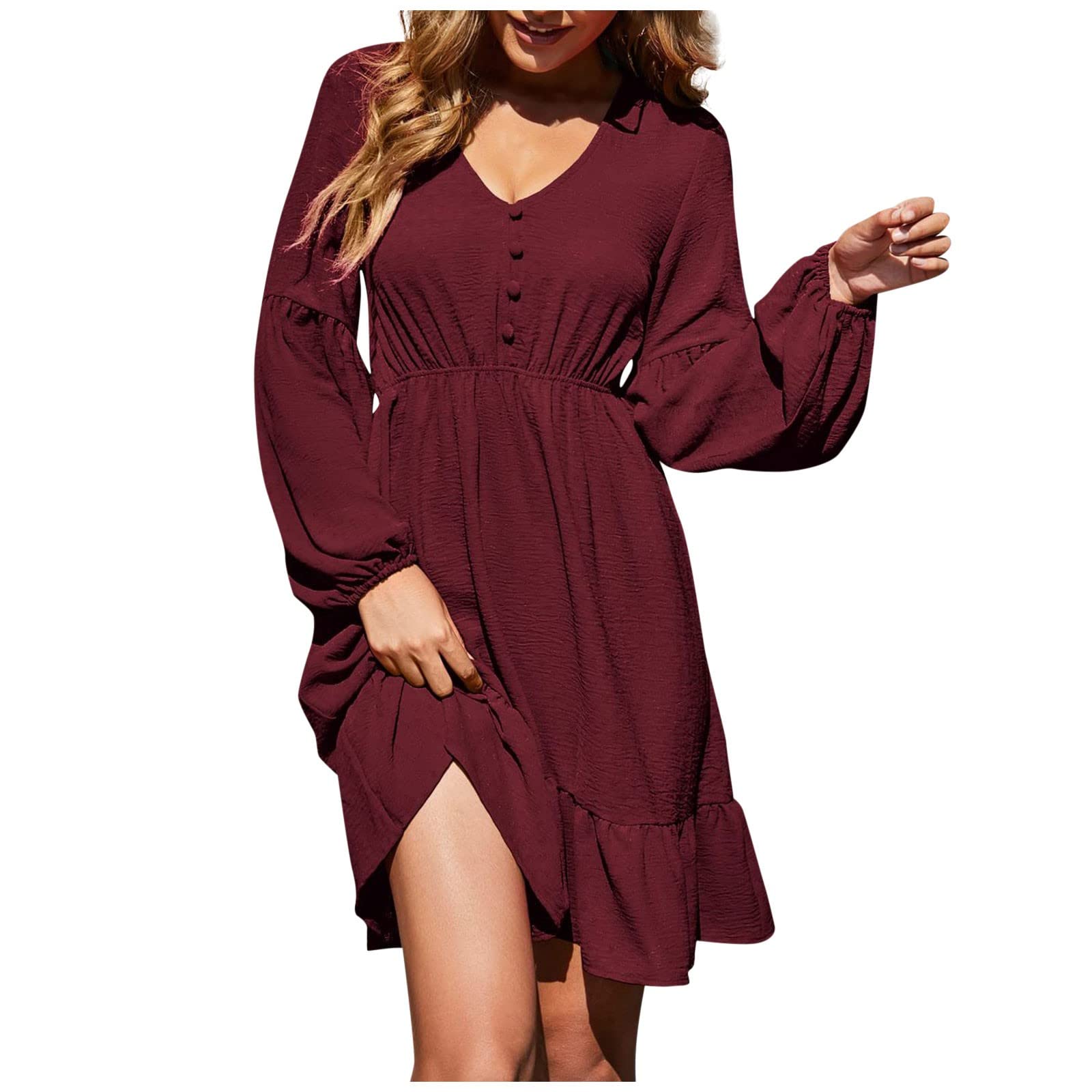 Elegant V-Neck Long Sleeve Ruffle T-Shirt Dress for Women - Solid Color Plus Size Flowy Evening & Beach Dress | Perfect for Parties, Date Nights & Summer Vacations