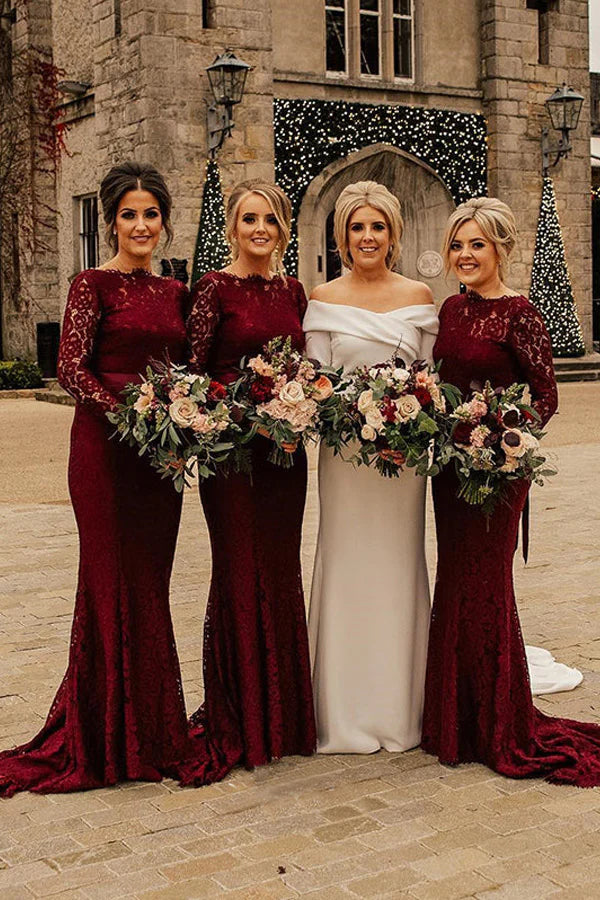 Elegant Floor Length Long Sleeve Burgundy Bridesmaid Dress with Lace Detailing & Mermaid Belt - Perfect for Weddings, Formal Events & Evening Parties