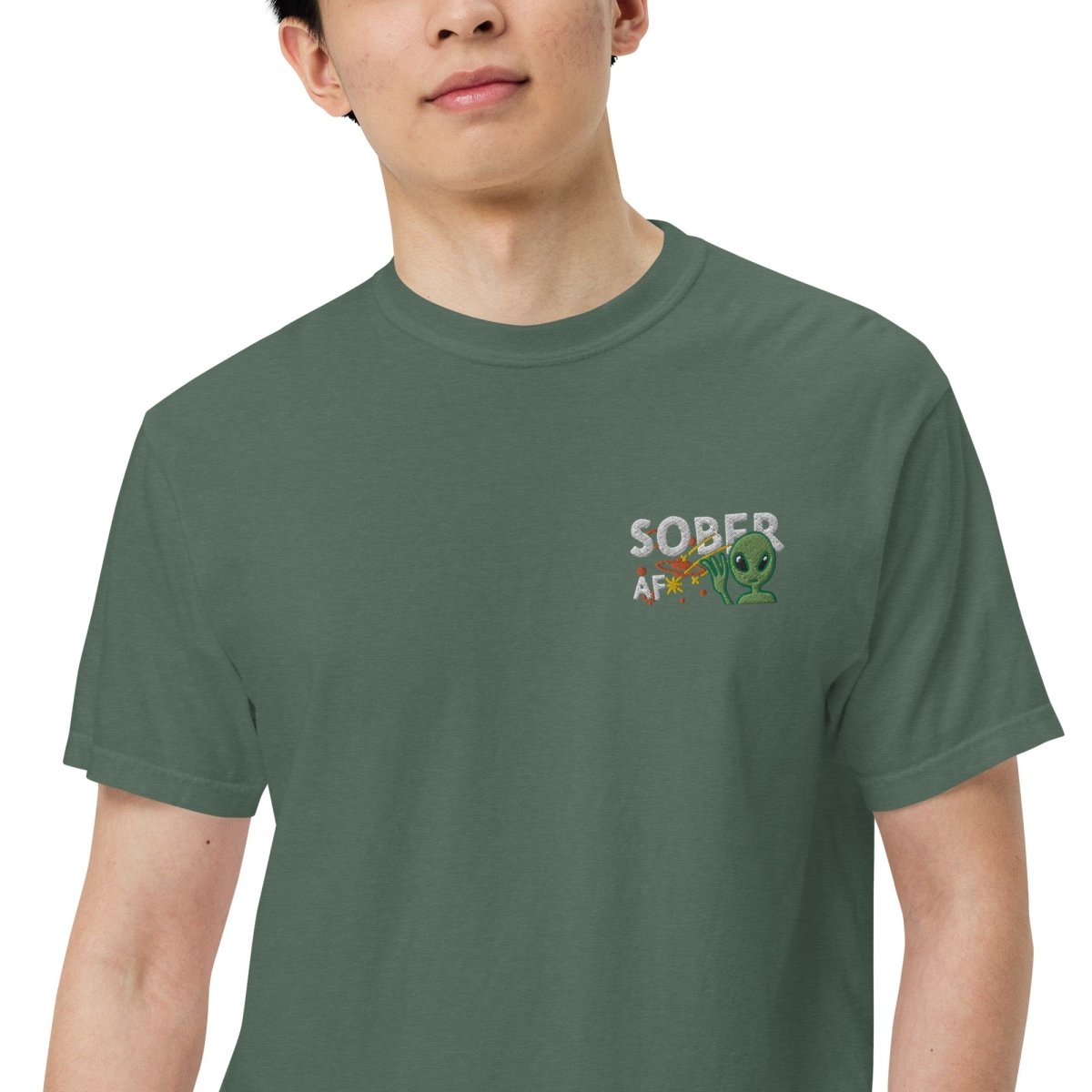 Galactic Sobriety Alien Embroidered Garment Dyed Heavyweight T-Shirt | Vintage Sci-Fi Graphic Tee | Perfect for Cosplay, Comic Con & Streetwear Fashion