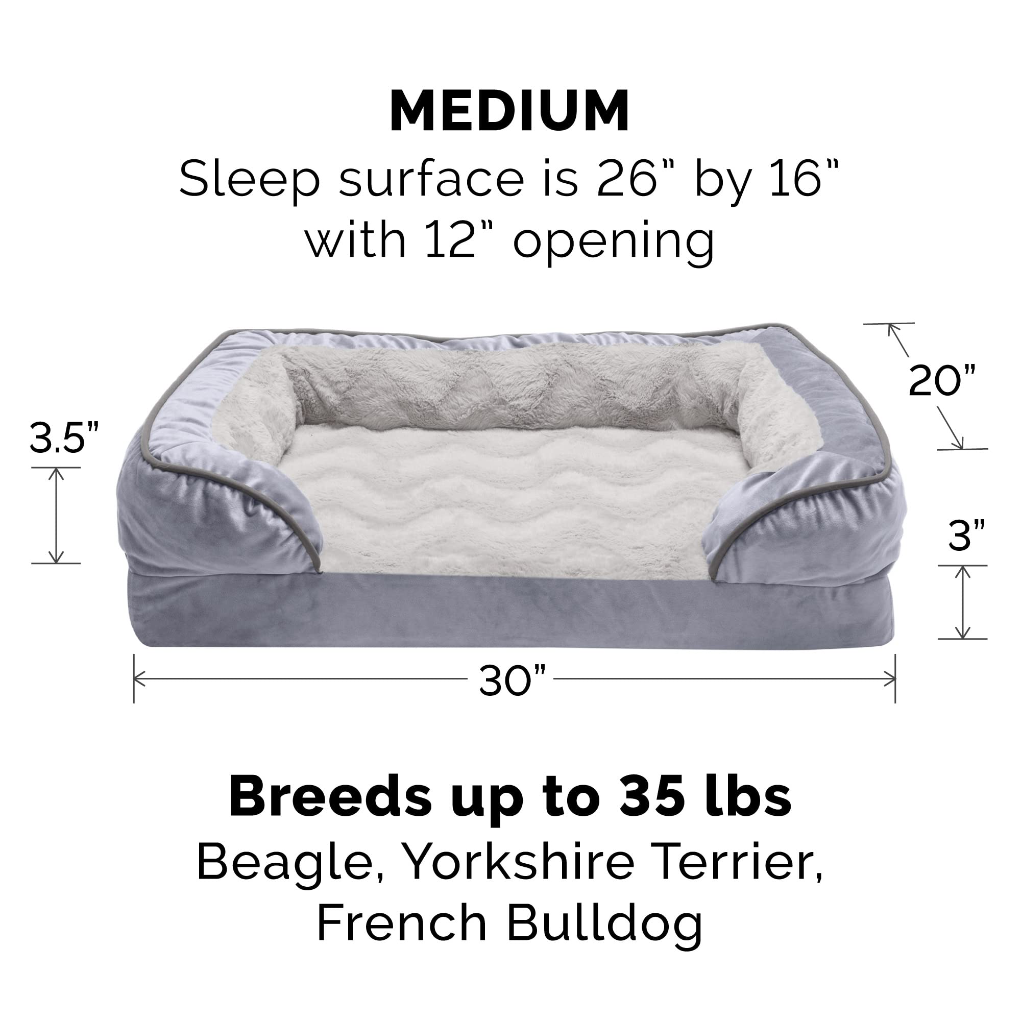 Furhaven Orthopedic Dog Bed for Small & Medium Dogs - Plush Velvet Sofa with Removable Bolsters & Washable Cover - Supports Pets Up to 35 lbs - Granite Gray Medium Size - Perfect for Living Room, Bedroom or Crate Comfort