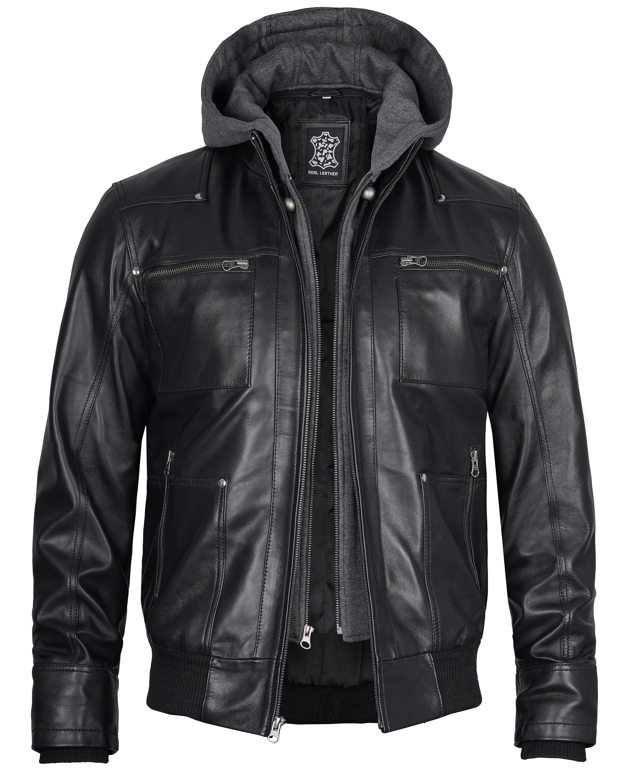 Genuine Leather Bomber Jacket for Men - Motorcycle & Casual Wear with Removable Hood - Stand Collar Jacket for Riding, Travel & Everyday Fashion