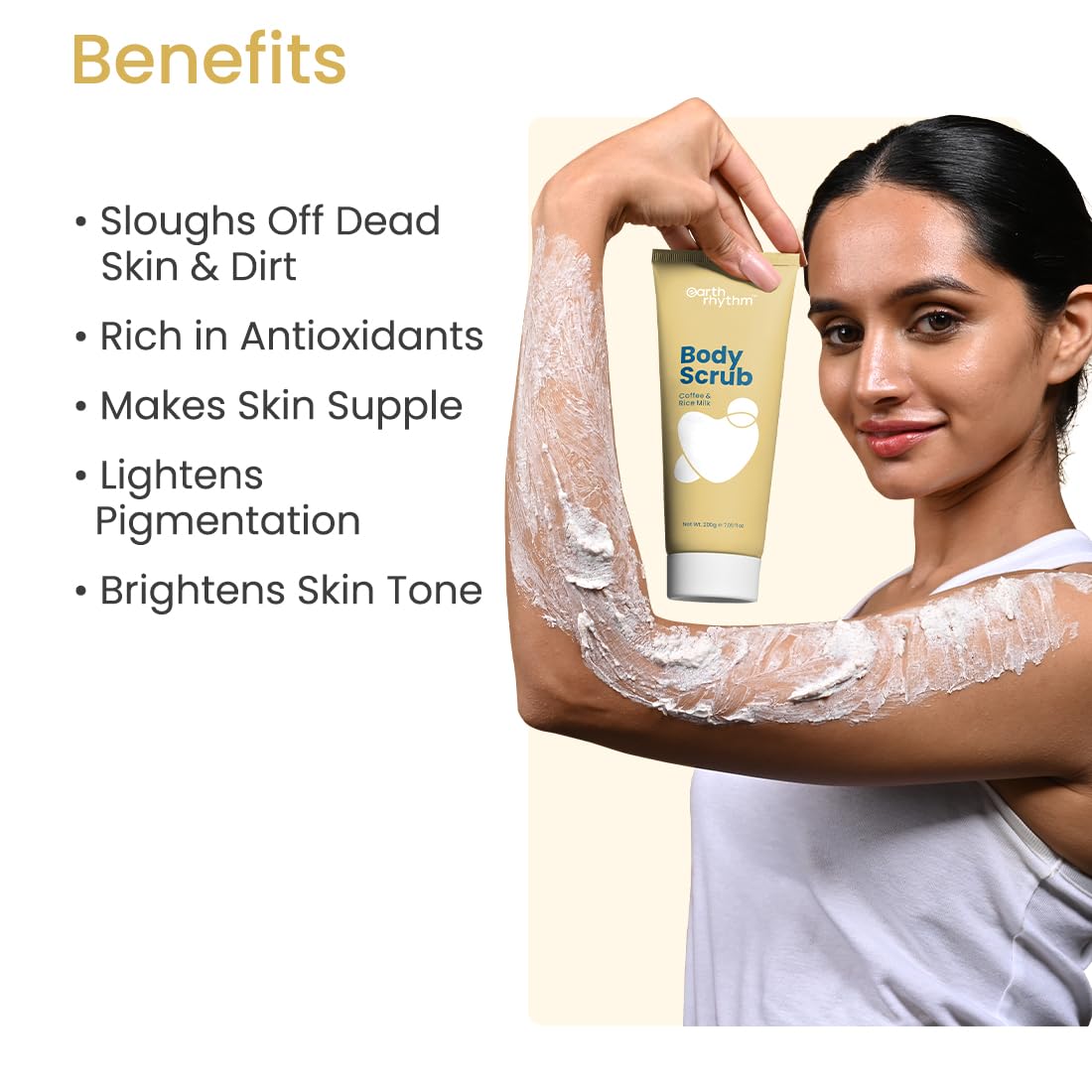 Earth Rhythm Coffee & Rice Milk Body Scrub - Exfoliating & Moisturizing for Smooth Skin | Removes Dead Skin Cells, Nourishes & Softens | 200g | Perfect for Dry Skin & Post-Workout Care