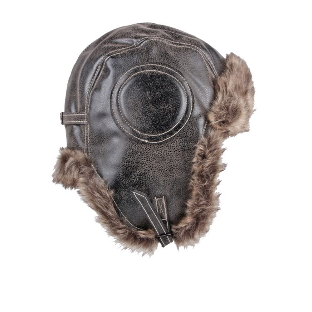 Men's Leather Pilot Hat with Faux Fur Earflaps - Warm Winter Hunting Cap for Outdoor Activities (Brown, 55-60cm) - Perfect for Skiing, Snowboarding & Cold Weather Adventures