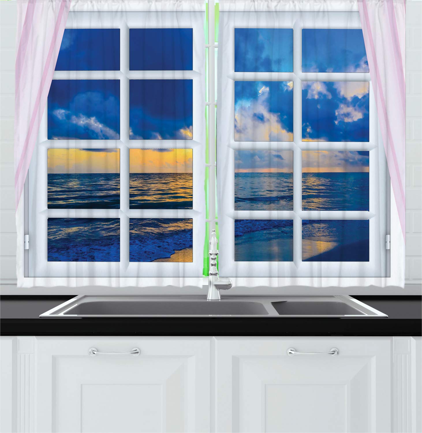 Ambesonne Landscape Long Kitchen Curtains - Sunset Ocean View Window Drapes with Rod Pocket, 55