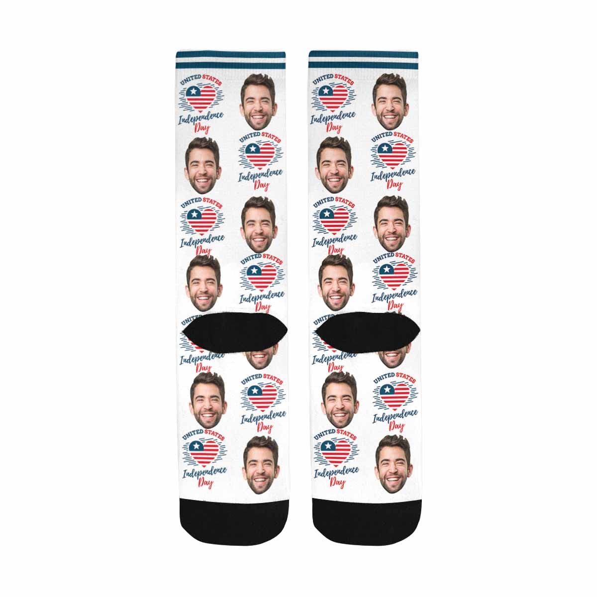 Custom American Flag Socks with Face - Personalized Patriotic Socks for Men & Women - Unisex July 4th Celebration Socks - Perfect for Independence Day, Veterans Day & Patriotic Events
