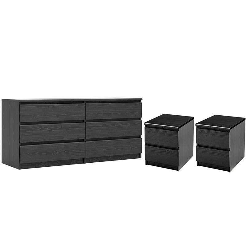 Home Square 3-Piece Black Woodgrain Bedroom Set - 6-Drawer Double Dresser & Two 2-Drawer Nightstands | Complete Bedroom Furniture for Master Bedroom, Guest Room & Small Spaces