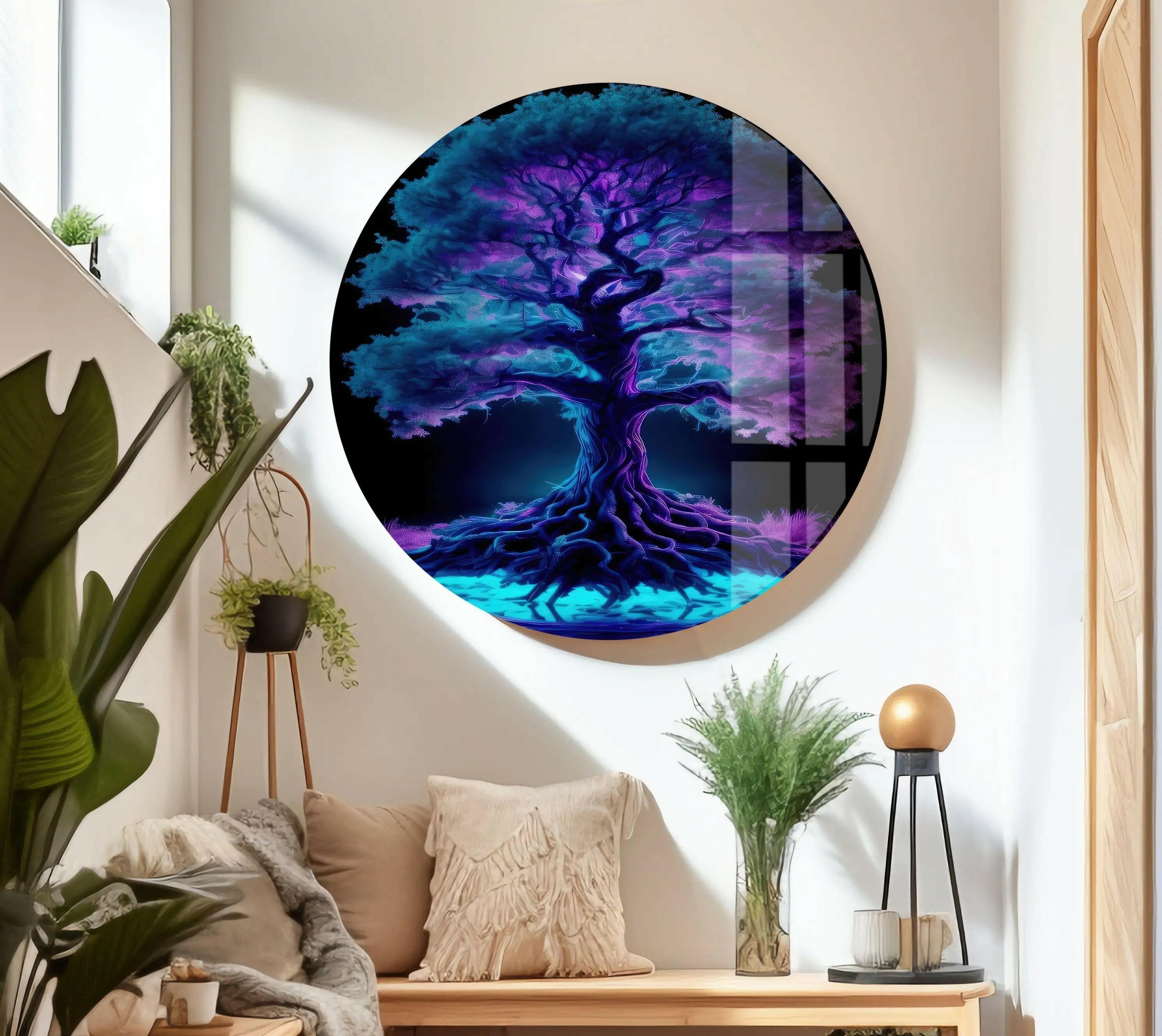 Handmade Blue Purple Tree Stained Glass Wall Art - Nature Inspired Sun Catcher Window Decor for Living Room, Bedroom & Office