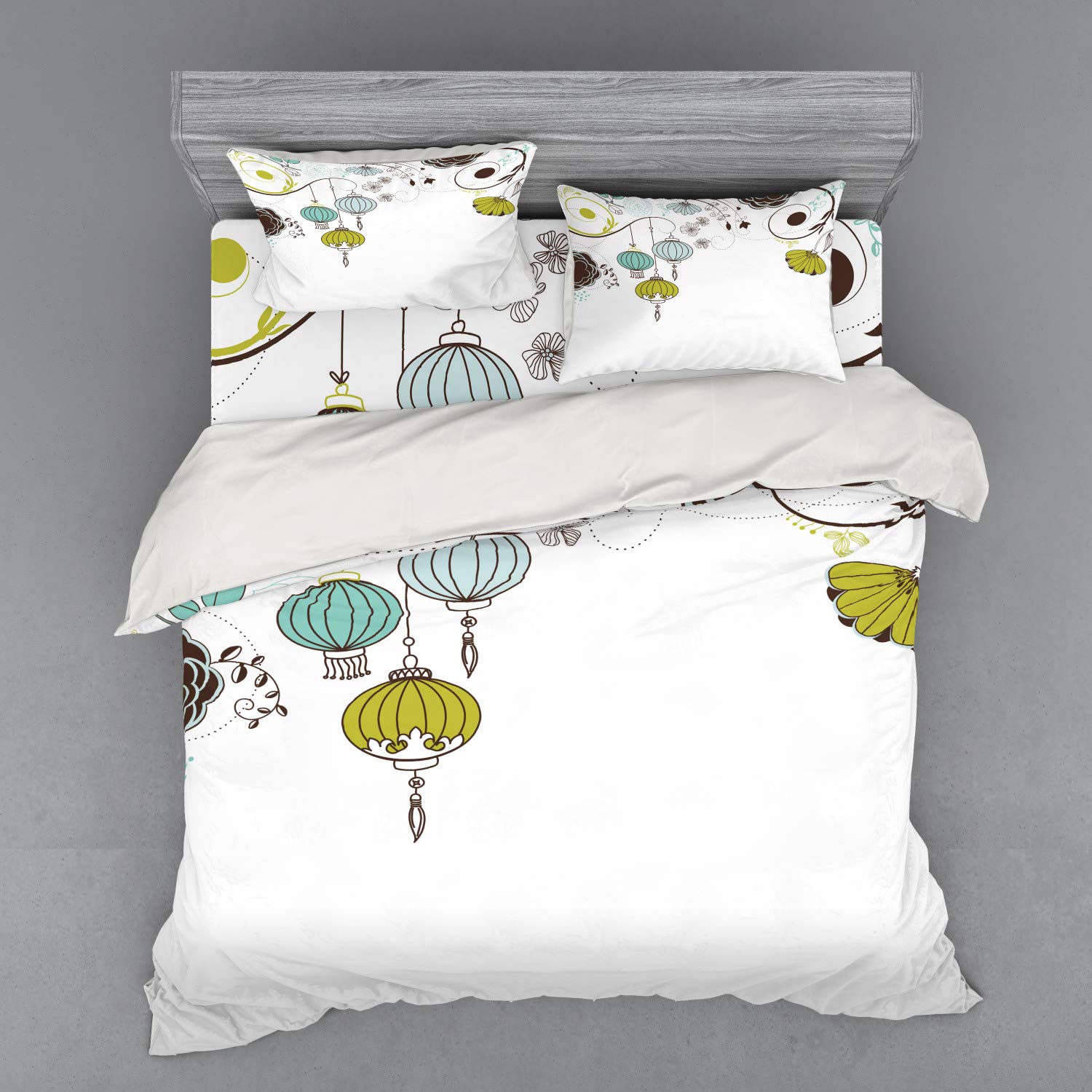 Ambesonne Oriental King Size Bedding Set - 3 Piece Duvet Cover with Sham & Fitted Sheet, Vibrant Apple Green & Sky Blue Abstract Design | Chinese New Year Inspired Home Decor | Perfect for Master Bedroom, Guest Room & Holiday Theming