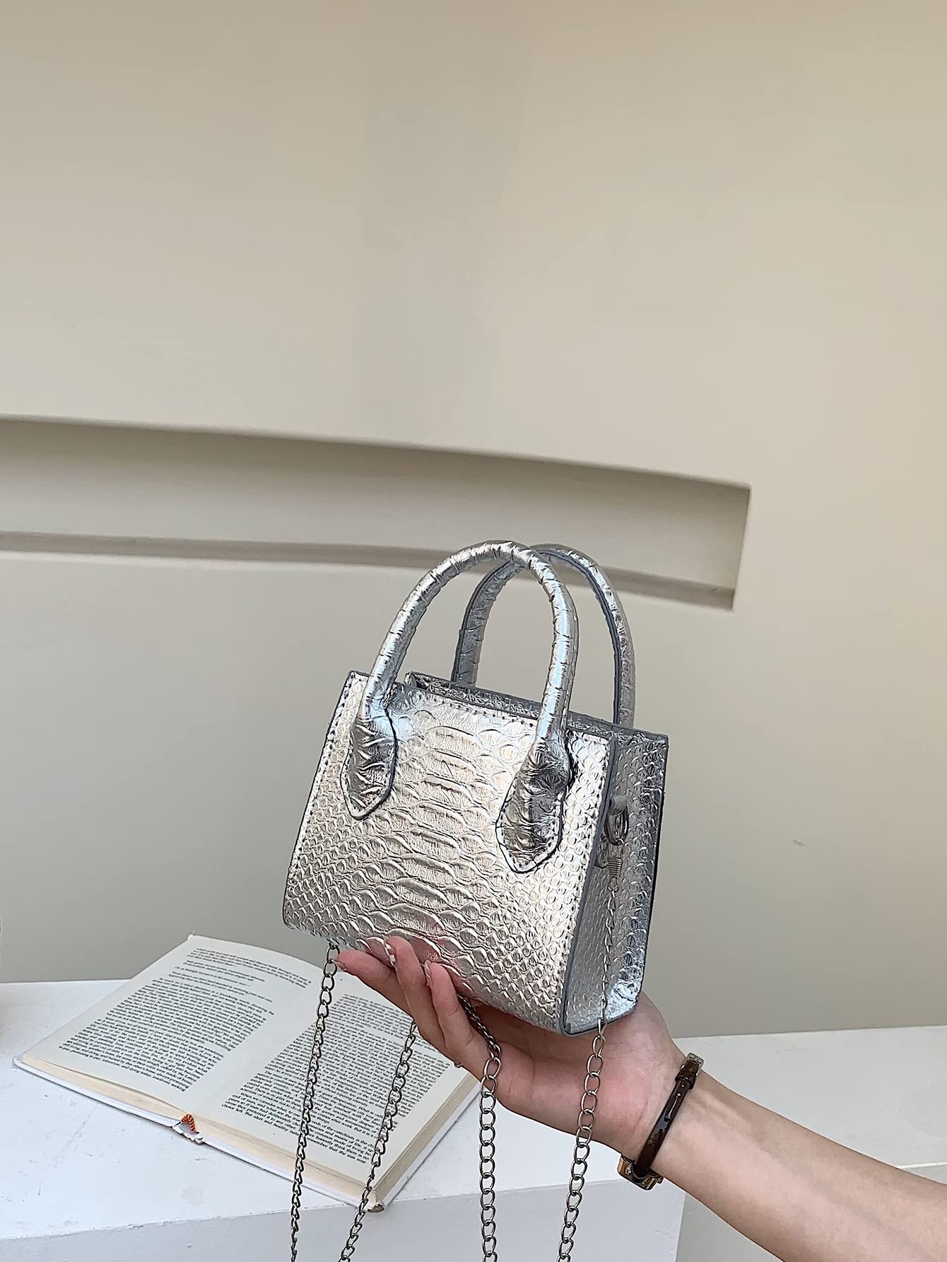 GORGLITTER Women's Small Crossbody Bag - Mini Purse with Metallic Crocodile Print, Double Handle Satchel Shoulder Bag for Daily Use, Travel & Shopping