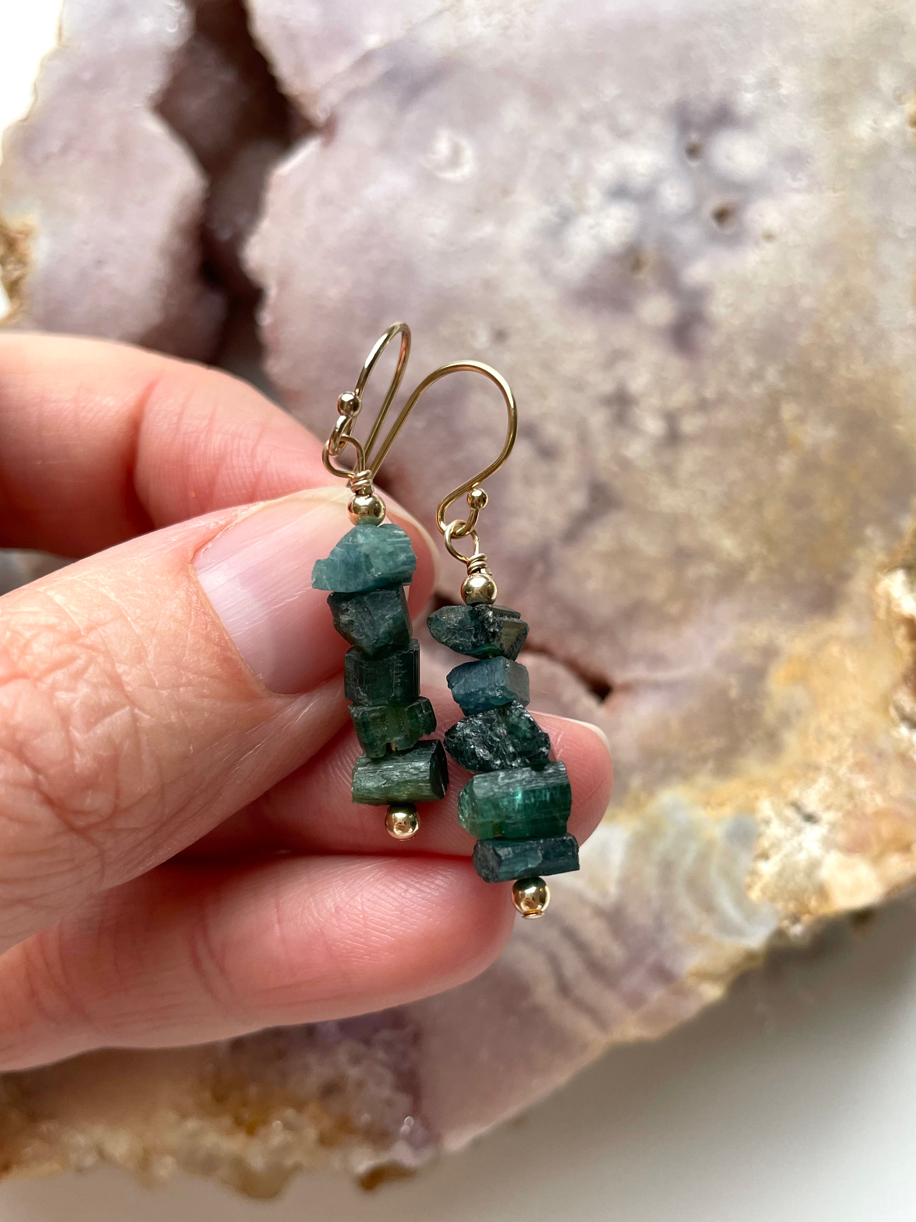 Natural Green Tourmaline Dangle Earrings - Raw Crystal Drop Earrings in 14K Gold for Women | Boho Chic Jewelry Gift for Birthday, Wedding & Everyday Wear