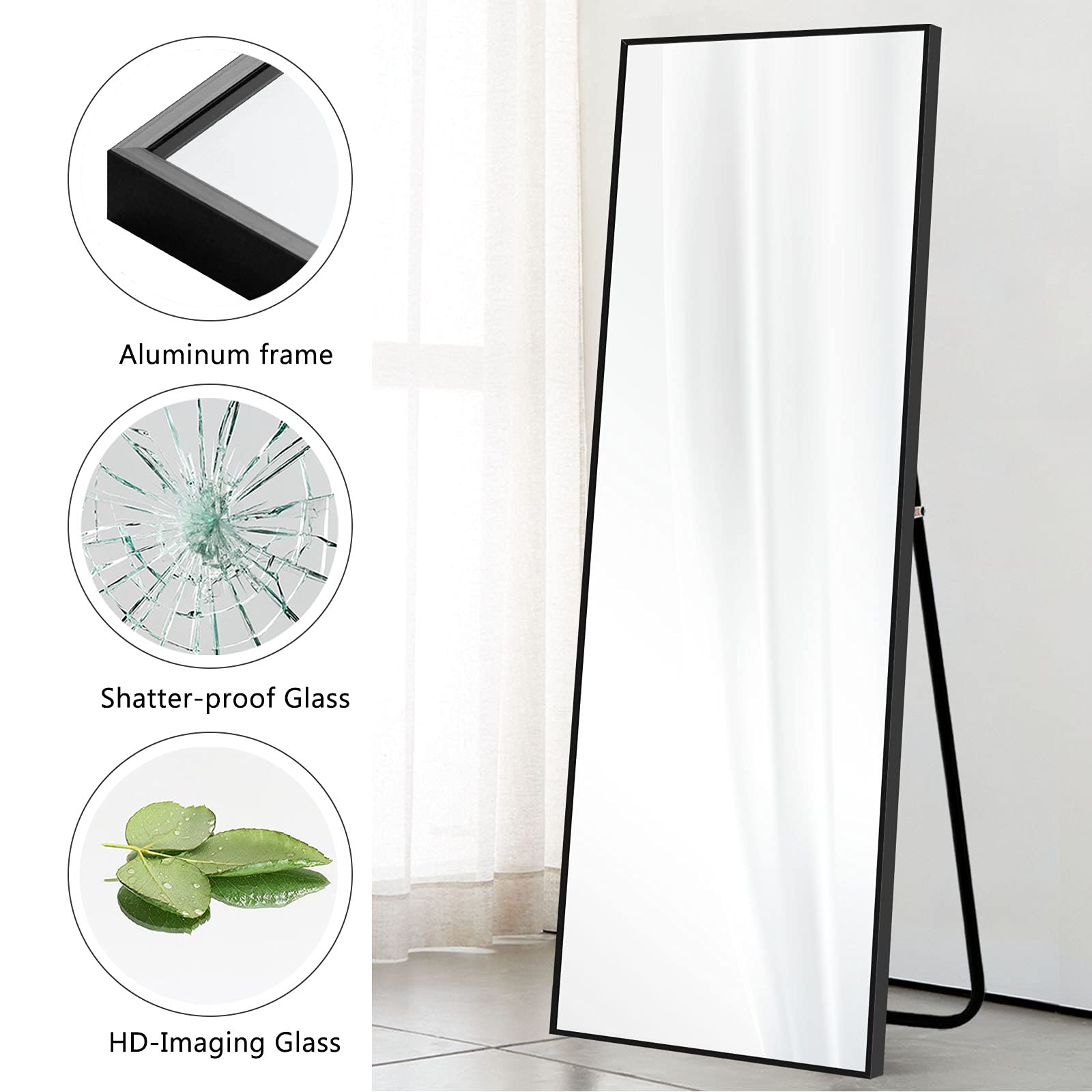 **MIRUO 63x20 Inch Full Length Mirror - Wall Mounted & Floor Standing Large Body Mirror for Home Decor, Living Room, Bedroom, Dressing Room - Black Frame (JJ00371AAF-M-USAM021)**