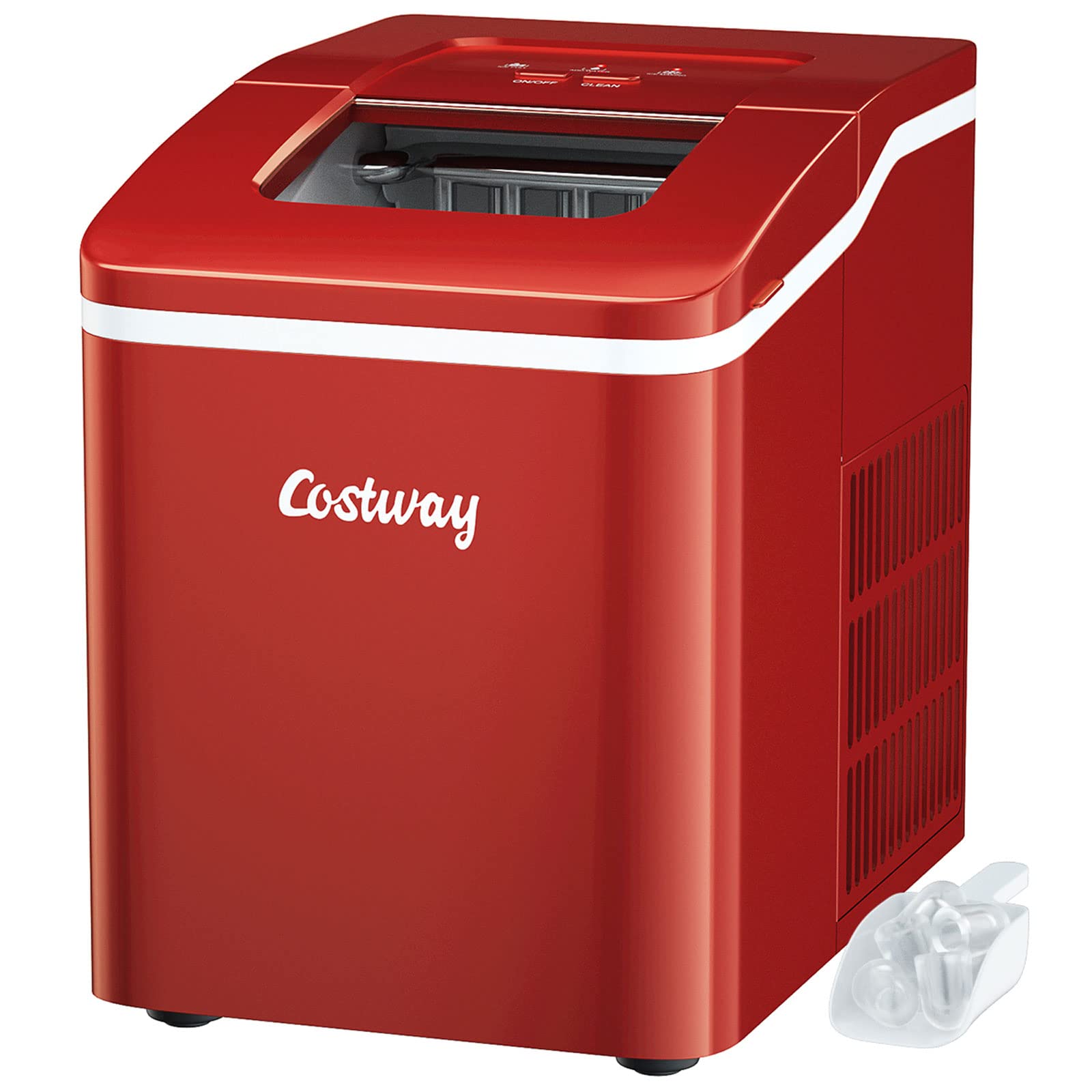 COSTWAY 26Lbs/24H Portable Countertop Ice Maker with Self-Cleaning Function - Makes Bullet Ice Cubes in 8 Minutes - Includes Scoop & Removable Basket - Perfect for Home, Parties, Bars, RV Trips & Outdoor Gatherings (Red)