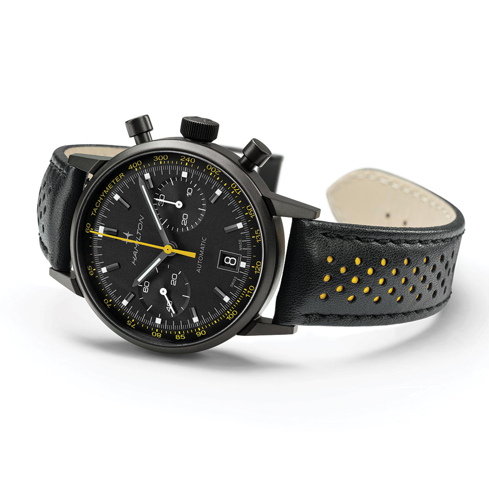 American Classic Intra Matic Automatic Chronograph Watch 40mm - Black PVD Case with Genuine Leather Strap & Yellow Accents | Perfect for Business Meetings, Formal Events & Everyday Wear