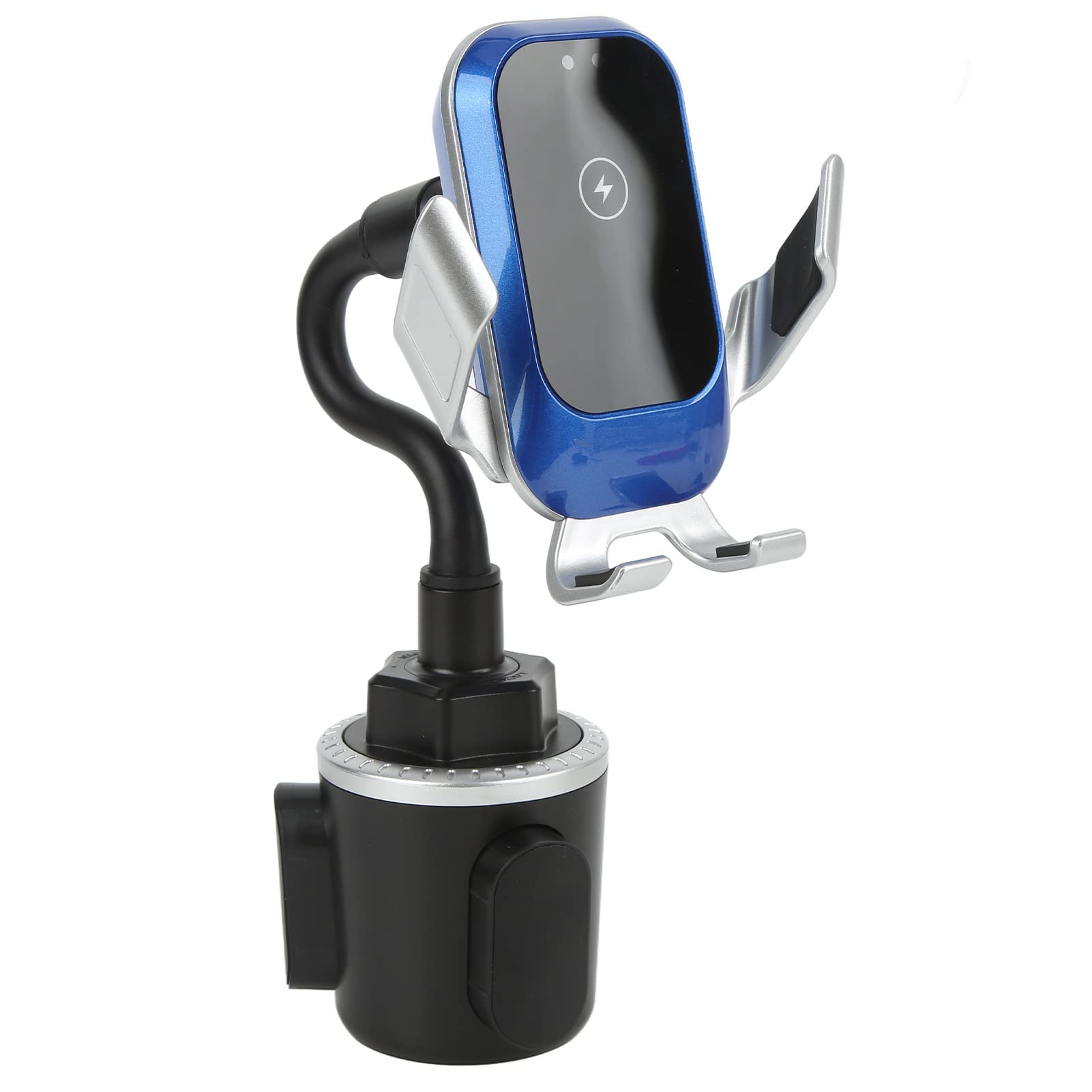**Universal Cup Holder Phone Mount with Wireless Charging - Auto Clamping, Stable & Smart Sensing, Flexible Gooseneck for Car - Compatible with iPhone & Android (Blue & Silver)**    *(Perfect for Road Trips, Commuting, or Hands-Free Navigation - Keep Your Phone Secure & Charged on the Go!)*