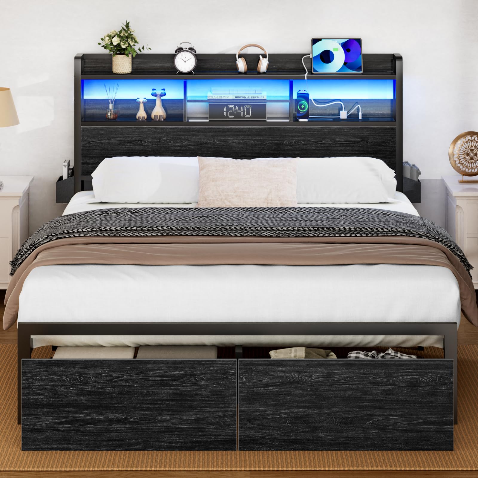 Full Size Bed Frame with Wood Headboard & Storage Drawers - Sturdy Metal Platform Bed with LED Lights, USB Charging Station & Shelf - No Box Spring Needed, Noise Free, Black - Perfect for Small Spaces, Dorms & Modern Bedrooms