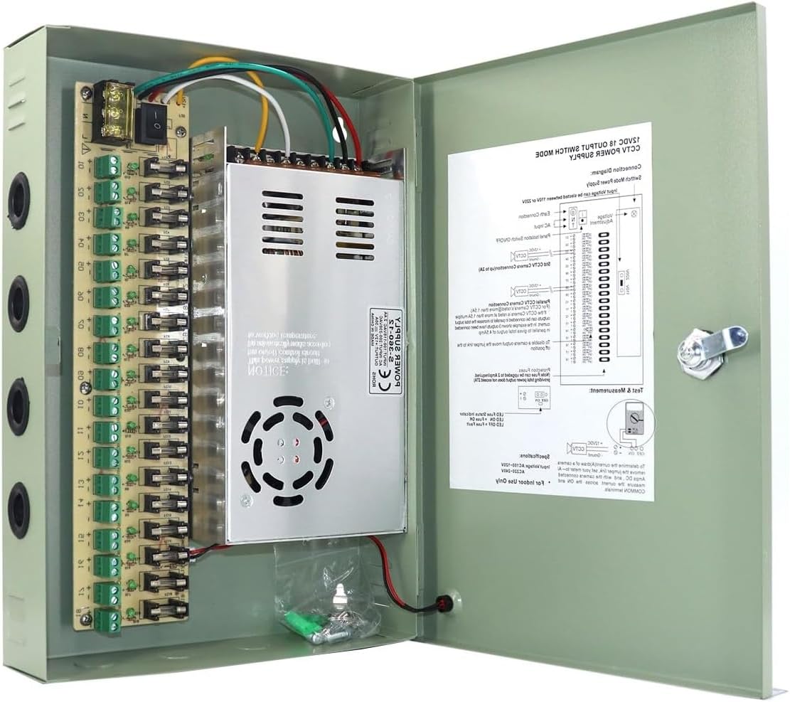 18 Channel 12V 30A DC Power Distribution Box with AC Plug & Key Lock - AC to DC Converter for Security Camera Systems, DVRs, IP Cameras, CCTV - Ideal for Home & Business Surveillance Setup