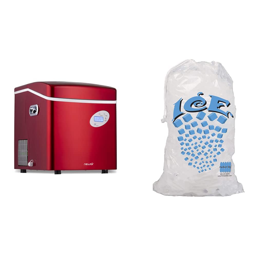 NewAir Portable Ice Maker - 50 lbs Daily Output, Red, 3 Ice Size Options | Perfectware PW Icebags-DS-100ct (10lb Drawstring Ice Bags, 100 Count) | Compact Countertop Ice Machine for Home, Office, RV, and Outdoor Parties
