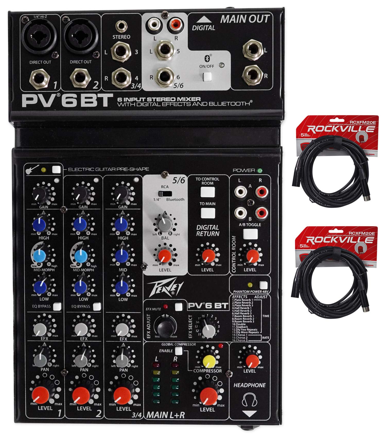 Peavey PV 6BT Professional Audio Mixer with Bluetooth, USB, Compressor & FX - 2 Mic Inputs + Includes (2) XLR Cables - Perfect for Live Performances, Studio Recording & DJ Setups