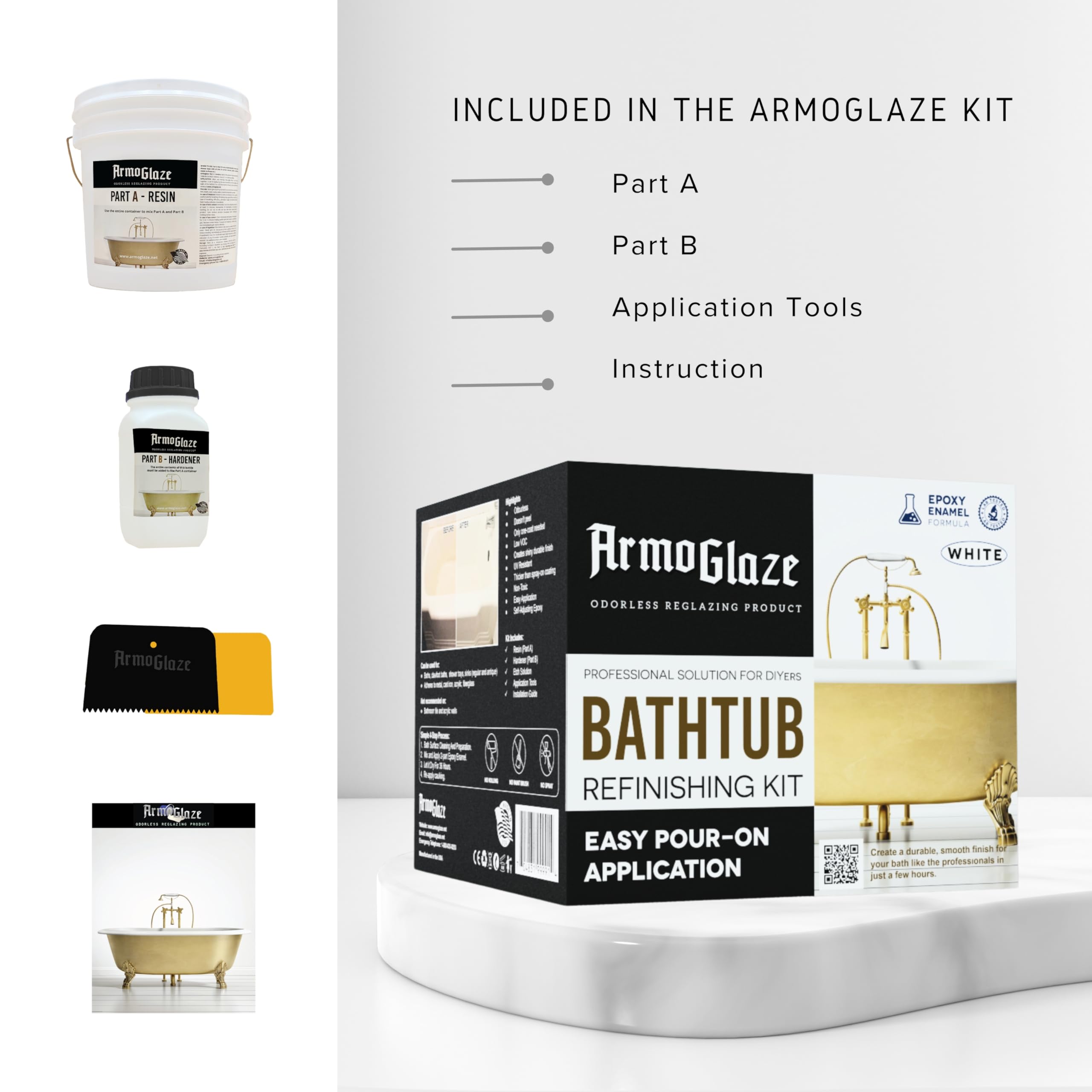 Odorless Bathtub Refinishing Kit – Durable Self-Leveling Epoxy for DIY Reglazing – Works on Porcelain, Fiberglass, Enamel, Acrylic & Cast Iron Tubs – 2.7kg (6 lbs) – Made in USA – Perfect for Bathroom Renovation & Tub Restoration Projects