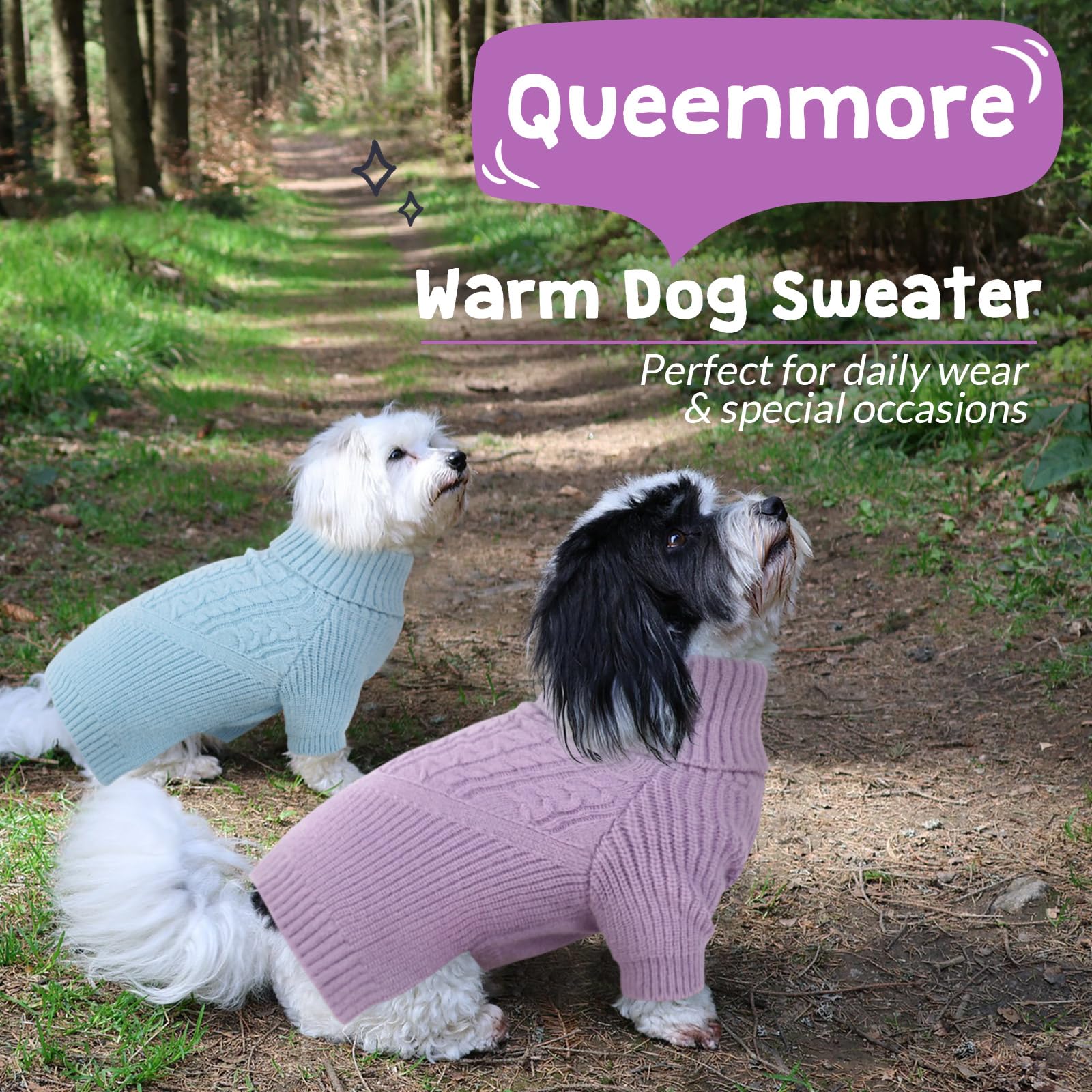 Queenmore Dog Sweater - Warm Winter Knit Puppy Sweater for Small Medium Large Dogs - Cozy Turtleneck Long Sleeve Dog Clothes for Boys & Girls - Christmas Holiday Pet Outfit (Lilac) - Perfect for Cold Weather Walks, Indoor Comfort & Festive Photos