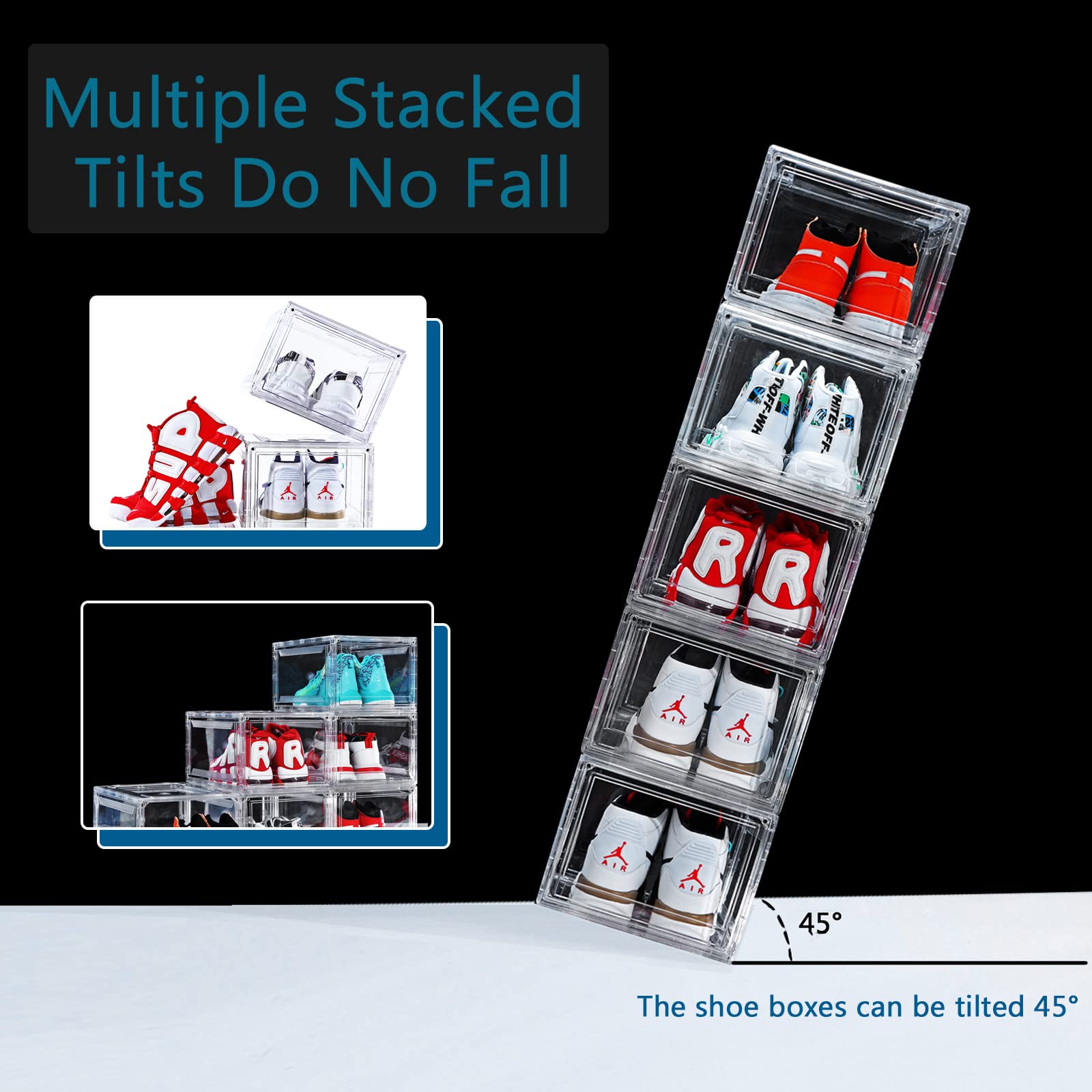 12 Pack Clear Acrylic Plastic Shoe Storage Boxes - Stackable, Foldable Drop Front Design with Lids - Fits Up to Size 15 Shoes - Space Saving Organizer for Closet, Bedroom & Entryway (Transparent)