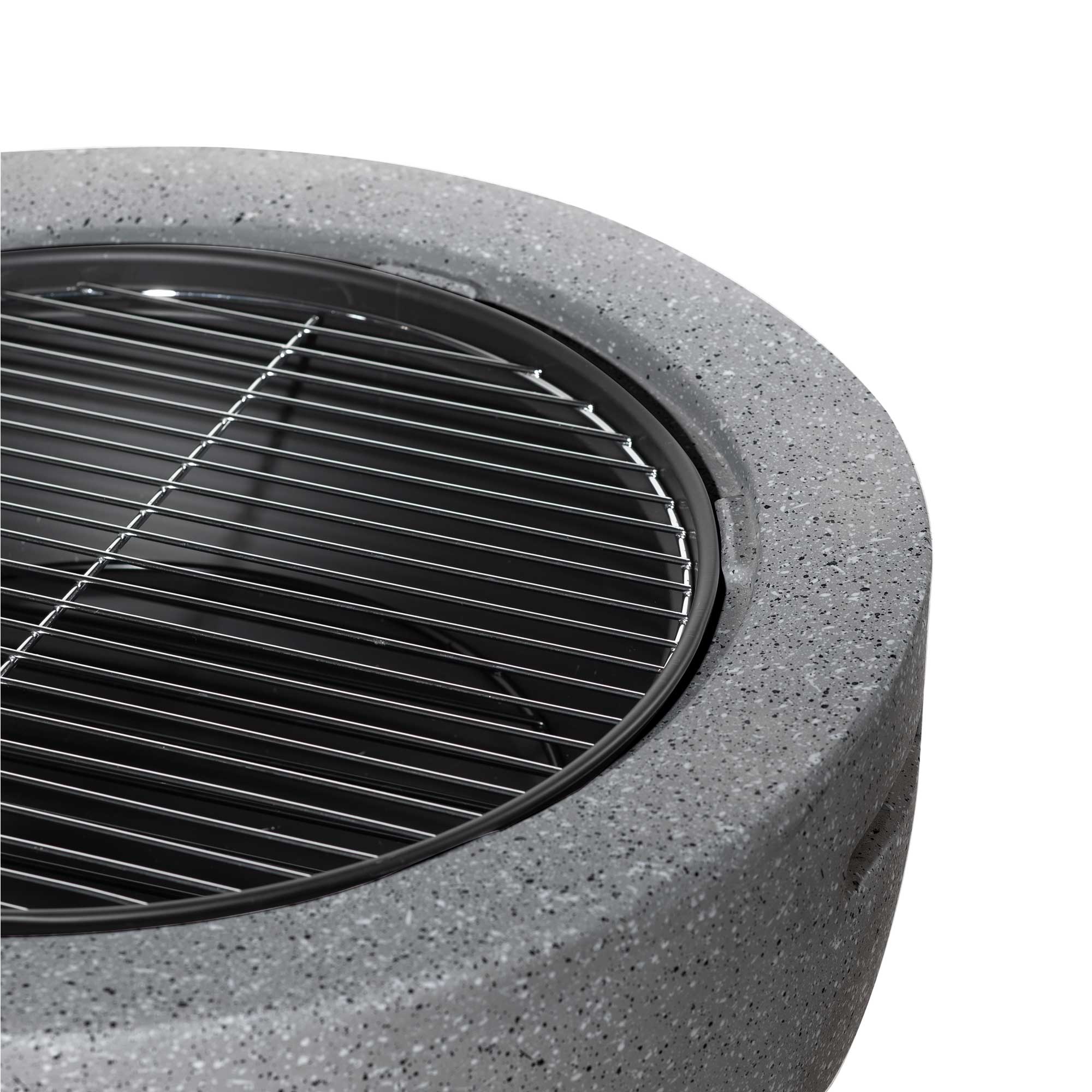 Dark Grey Round MgO Fire Pit with BBQ Grill - 60cm Diameter, Safety Mesh Screen - Perfect for Backyard Camping, Patio Gatherings & Outdoor Cooking
