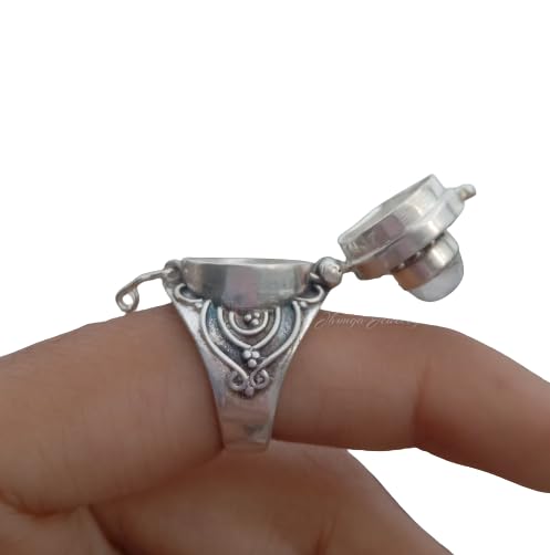 Handmade 925 Sterling Silver Rainbow Moonstone Poison Ring - Secret Box Ring with Openable Compartment for Pills, Medicine & Keepsakes | Perfect for Gothic Fashion, Cosplay & Unique Jewelry Gifts