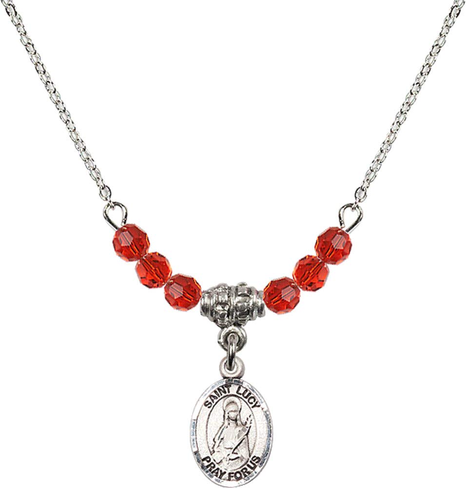 Bonyak 18 Inch Rhodium Plated Necklace with 4mm Red July Birthstone Beads & Saint Lucy Pendant - Elegant Jewelry Gift for Women, Birthday, Anniversary & Special Occasions