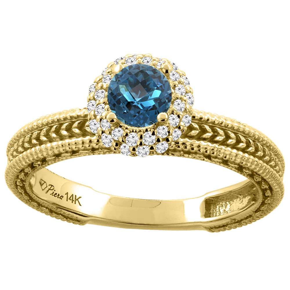 14K White Gold Natural London Blue Topaz & Diamond Engagement Ring - Round 5mm, Size 5-10 | Elegant Bridal Jewelry for Proposals, Weddings & Anniversary Gifts
