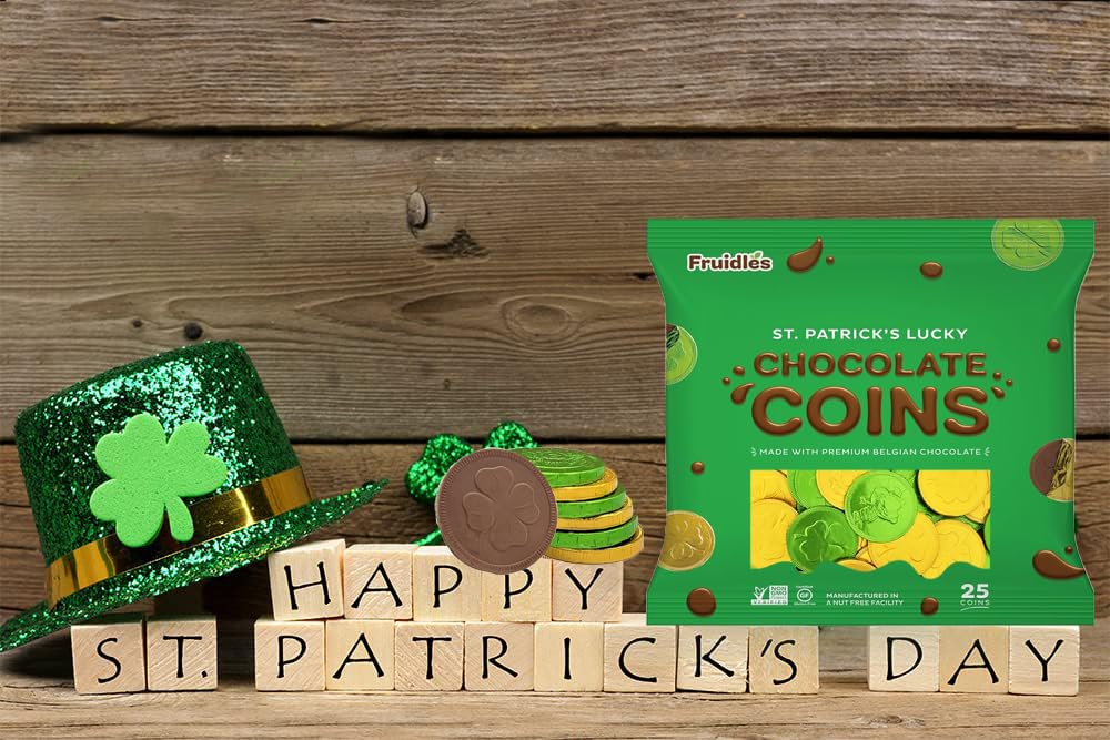 Premium Belgian Nut-Free Milk Chocolate Shamrock Leprechaun Coins - 25-Pack Green & Gold Saint Patrick's Day Treats in Resealable Kosher Bag | Party Favors, Gift Giving, Holiday Celebrations