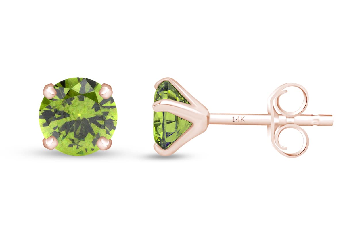 14K Rose Gold 7mm Round Simulated Gemstone Stud Earrings for Women - Elegant Cubic Zirconia CZ Earrings for Daily Wear, Gift Giving & Special Occasions
