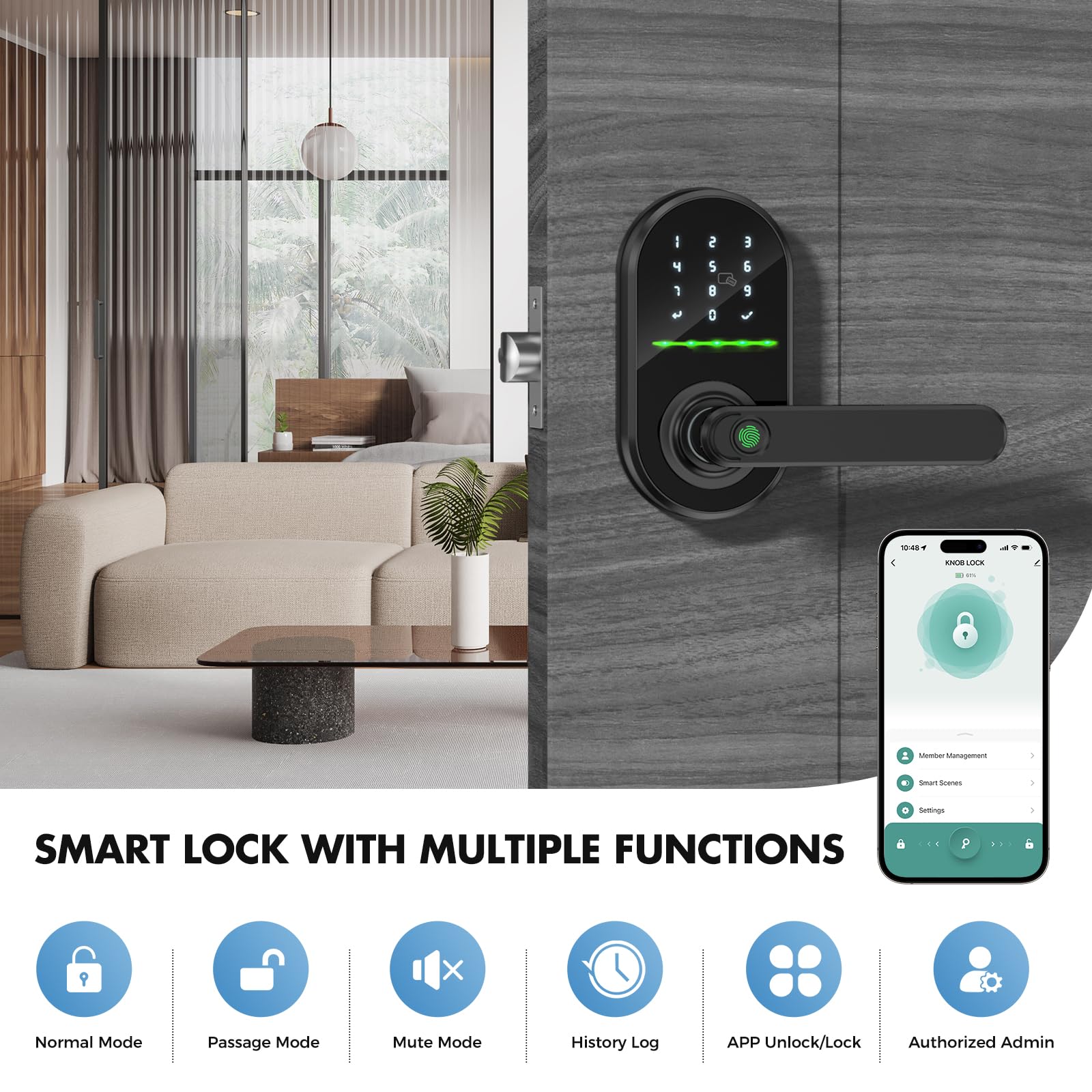 Smart Keyless Entry Door Lock with Fingerprint & Keypad - WiFi App Remote Control, Auto Lock, Easy Installation for Front Door Security - Perfect for Homes, Apartments & Vacation Rentals