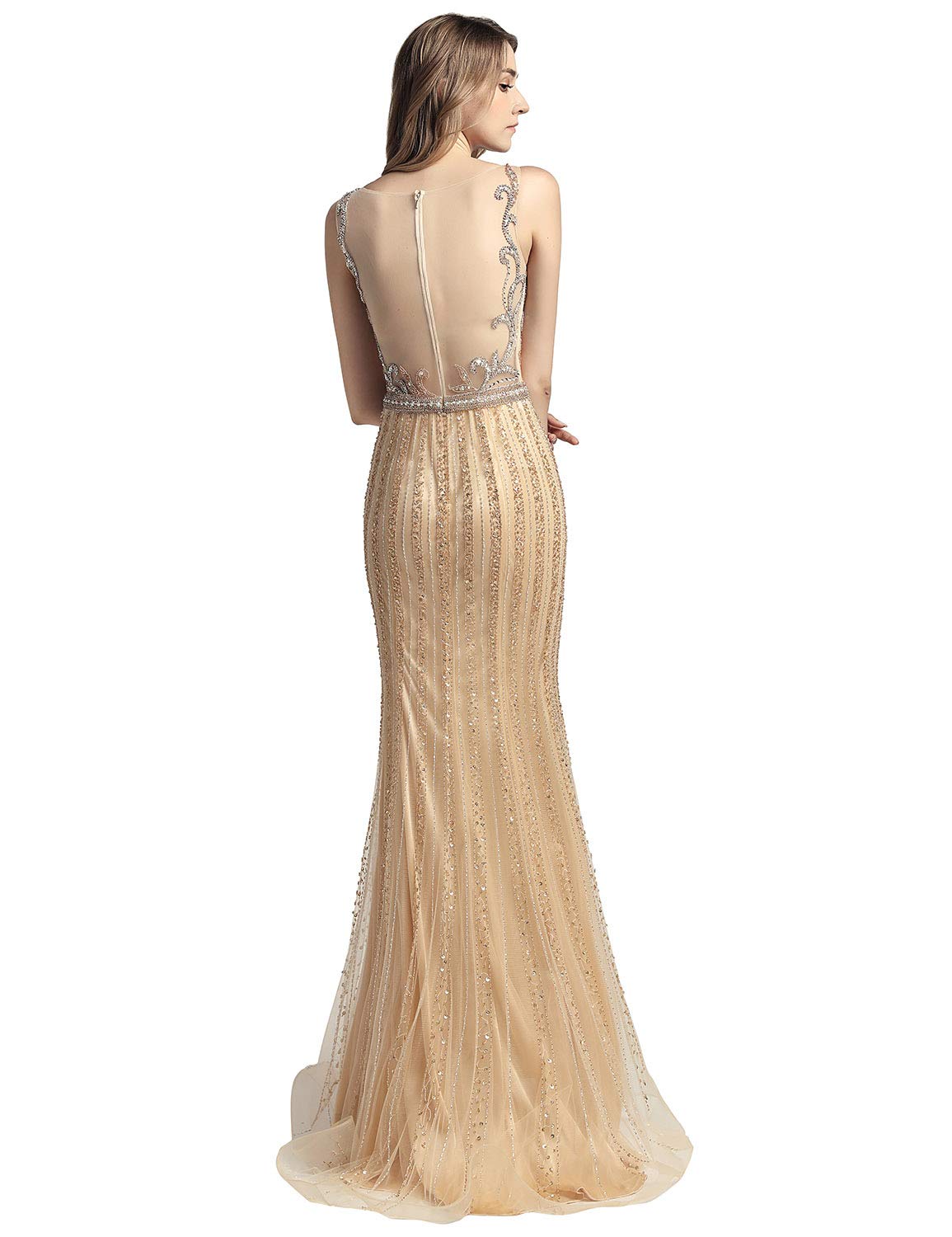 Sarahbridal Women's Champagne Beaded Tulle Prom Dress - Elegant Long Formal Evening Gown for Pageants, Parties, and Special Occasions | Perfect for Homecoming, Quinceañera, and Wedding Guest Attire