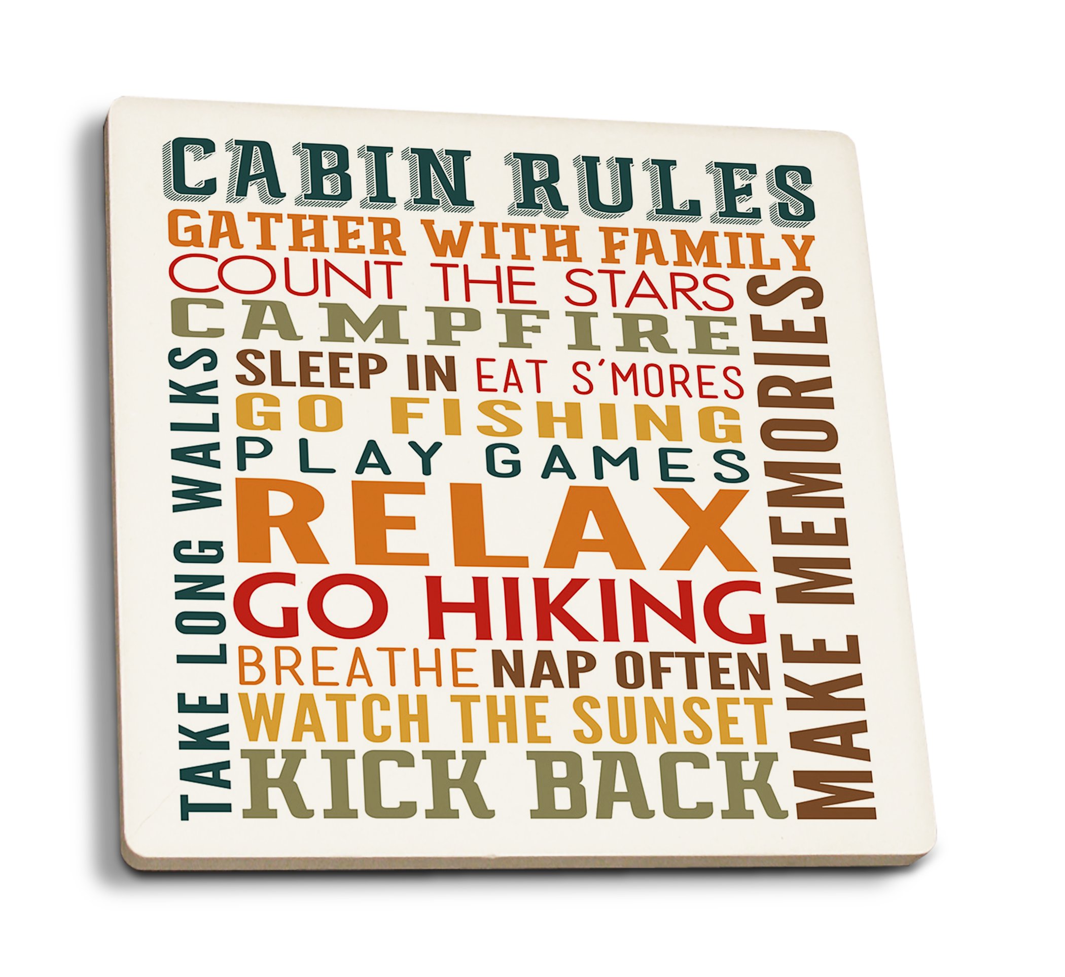 Absorbent Ceramic Coasters Set of 4 - Cork Backed Drink Coasters with Matching Cabin Rules Typography - Perfect for Kitchen, Dining Table & Home Decor