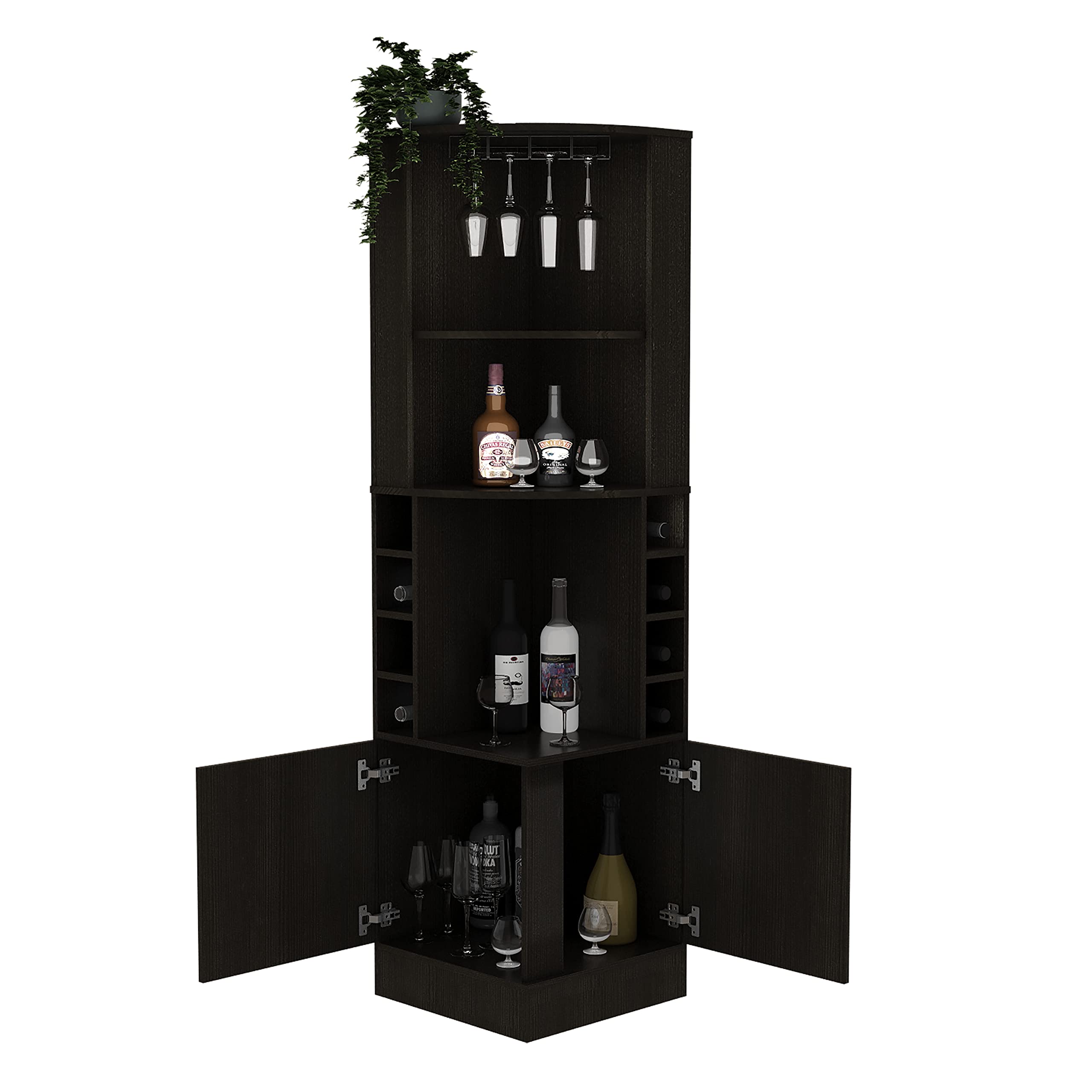 Seattle Corner Bar Cabinet - Black with 3 Open Shelves, Glass Rack, 8 Bottle Storage & Double Doors | Perfect for Home Bar, Kitchen or Dining Room Organization