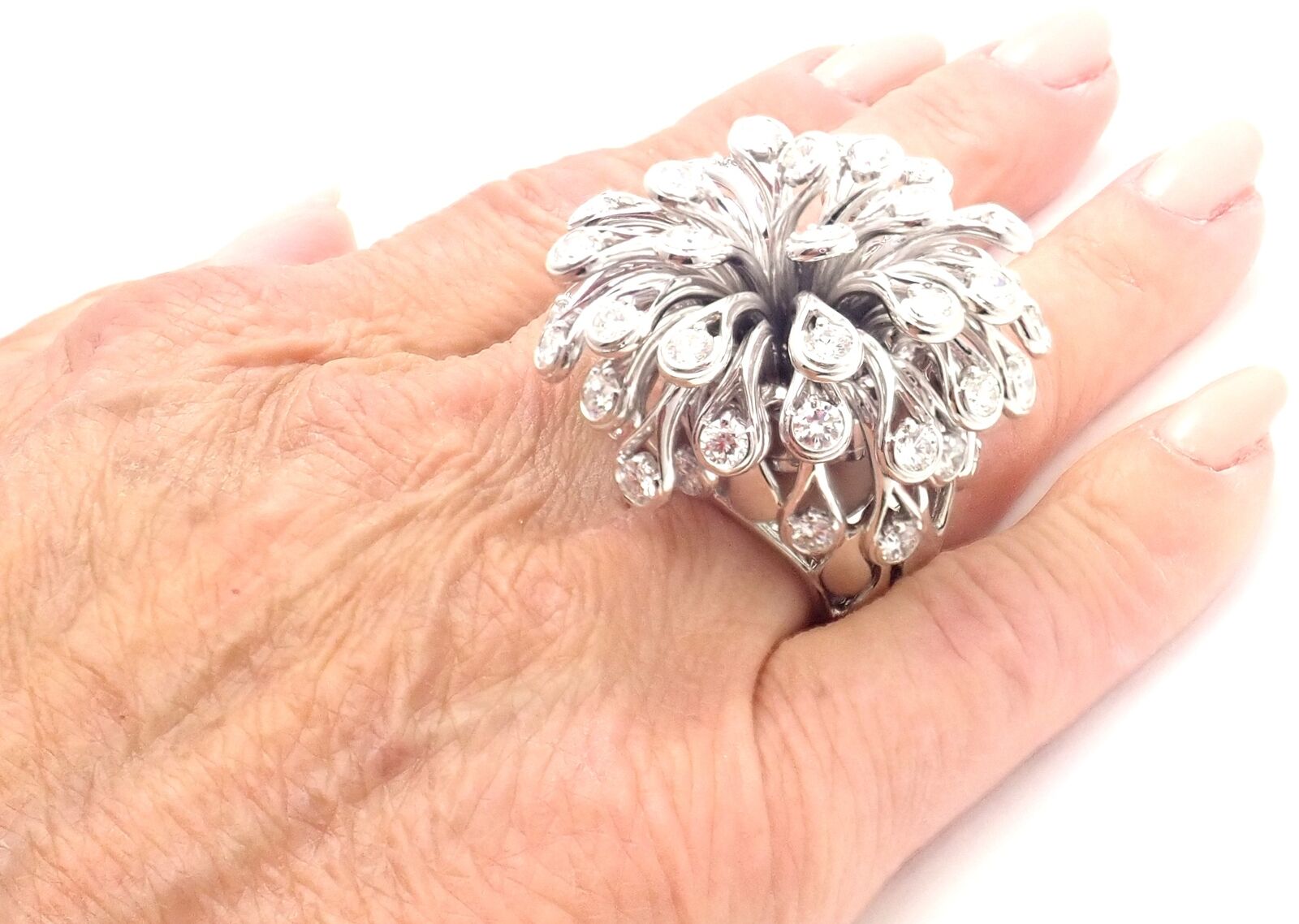 Authentic Christian Dior 18k White Gold 6.5 Carat Diamond Large Flower Ring - Luxury Jewelry for Weddings, Anniversaries & Special Occasions