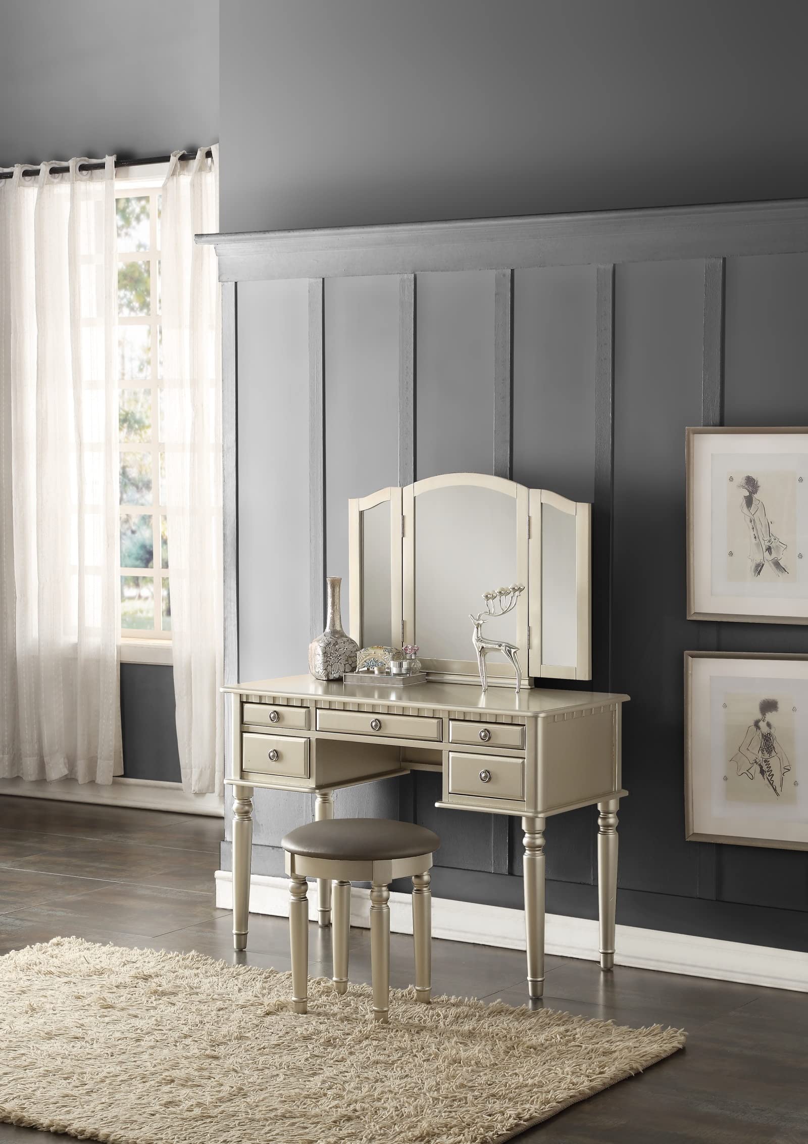 Vintage Vanity Table Set with Mirror, Stool & Drawers - Antique Makeup Dressing Table for Bedroom Decor & Cosmetics Organization - Perfect for Bridal Dressing Room, Hollywood Glam Style, and Vintage Home Decor