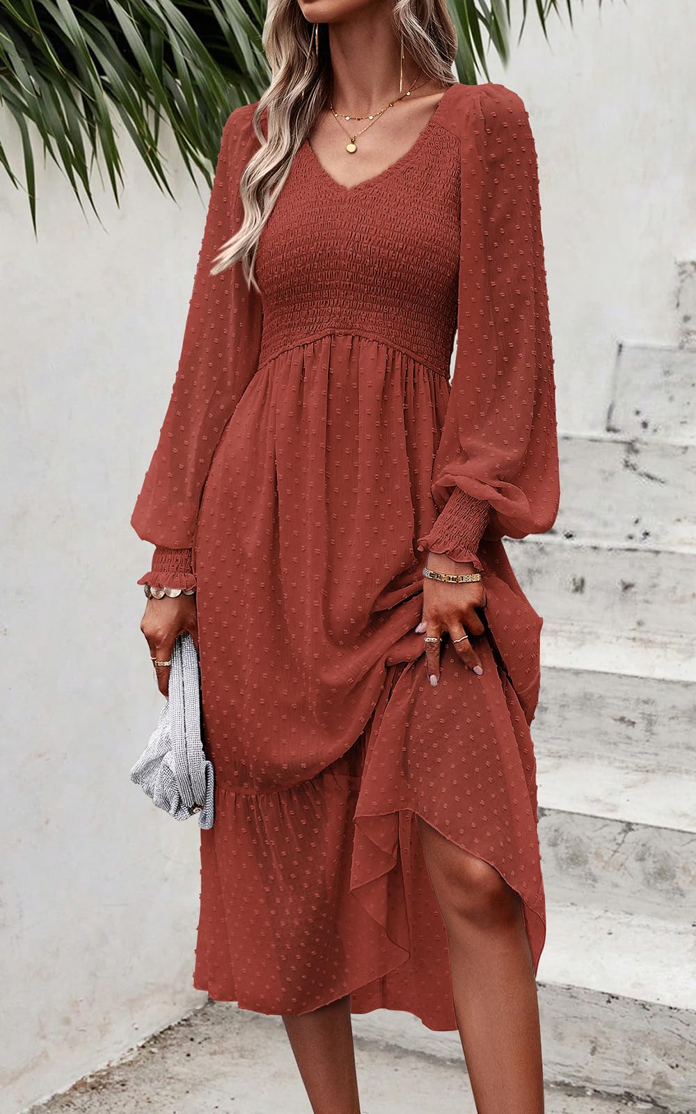PRETTYGARDEN Women's Floral Swiss Dot Chiffon Dress 2025 - Long Sleeve V-Neck Empire Waist Ruffled Midi Dress for Spring Wedding, Party & Office Wear