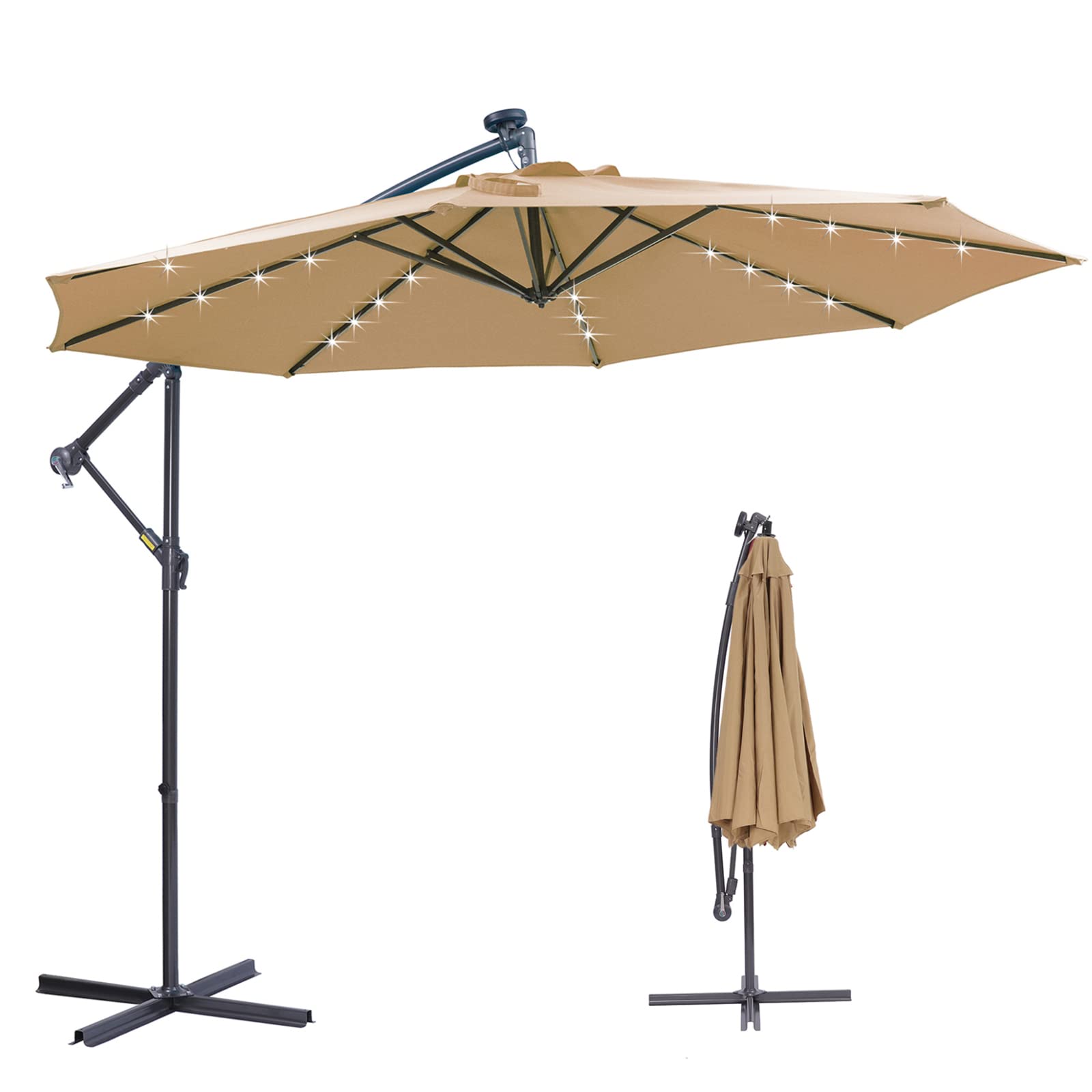 10 FT Solar LED Cantilever Patio Umbrella with Base - 32 Bright LED Lights, Easy Open Adjustable Outdoor Umbrella for Garden, Poolside & Backyard Relaxation