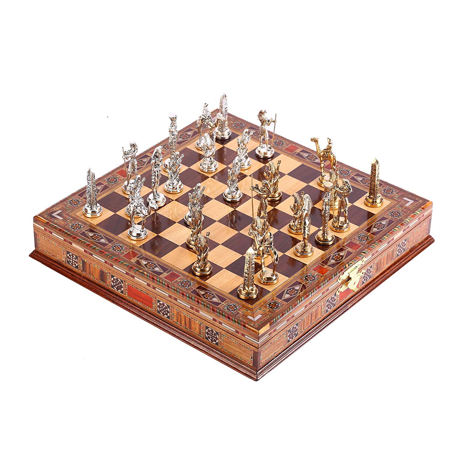 Handmade Historical Egypt Pharaoh Metal Chess Set with Natural Solid Wooden Board & Pearl Inlay - 3.4 Inch King Pieces for Adults | Perfect for Home Decor, Collector's Display & Strategy Game Nights