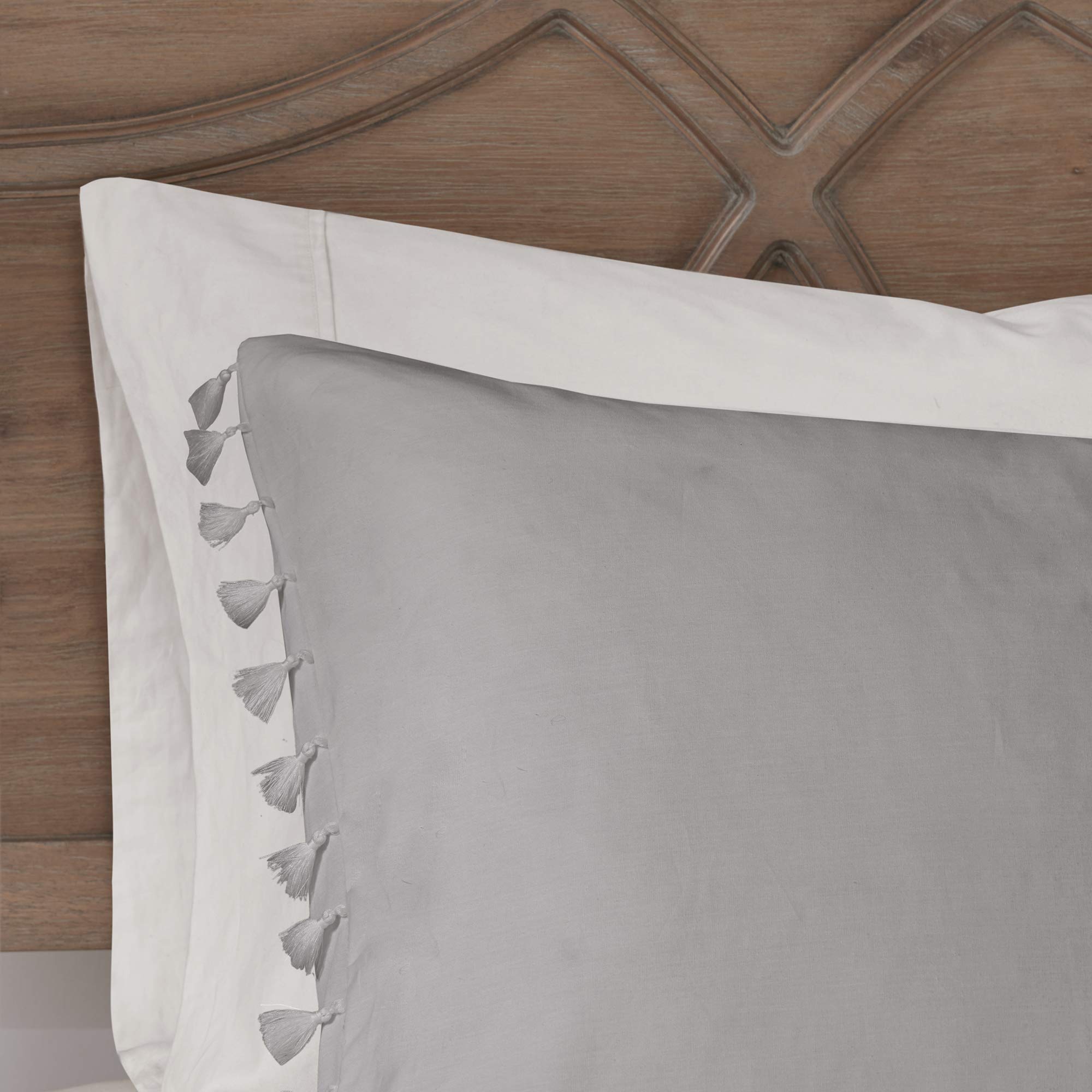 Madison Park Lillian 100% Cotton Duvet Cover Set - Bohemian Fringe Tassel Trim, Shabby Chic All Season King/Cal King (104x92 Inches) 3-Piece Bedding in Grey - Perfect for Master Bedroom, Guest Room & Bohemian Style Home Decor