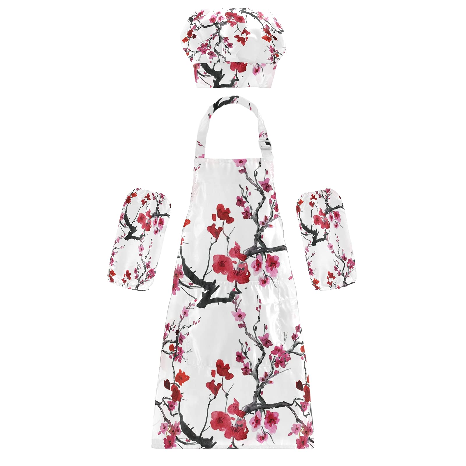 Cherry Blossom Kids Apron and Chef Hat Set - Adjustable Kitchen Bib Apron for Girls & Boys - Perfect for Cooking, Baking, and Pretend Play at Home or School