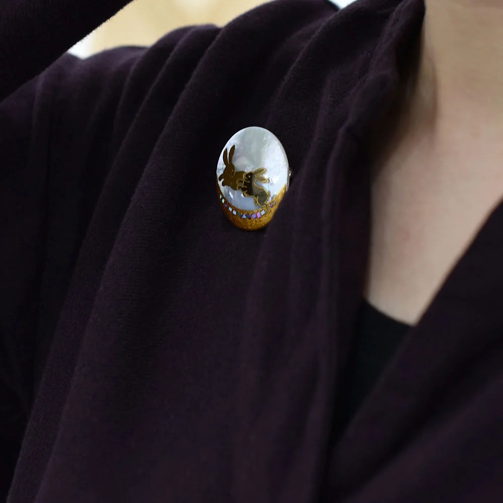 Handmade Japanese Maki-e Urushi Lacquer Brooch with White South Sea Pearl Shell - Rabbit Design Traditional Jewelry for Women, Gift for Collectors & Special Occasions